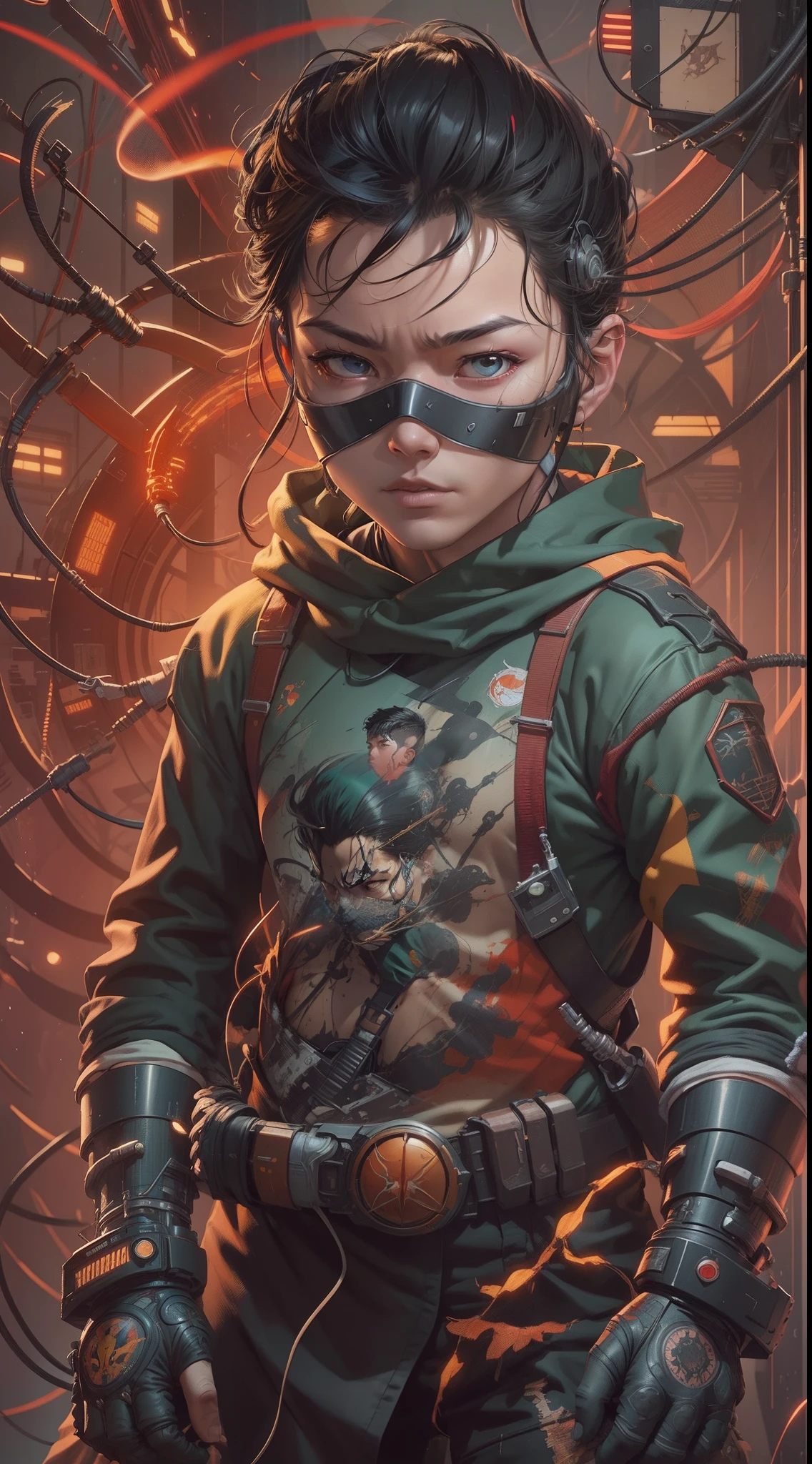 Damian Wayne as Robin, wires cybernetic implants, in the style of adrian ghenie esao andrews jenny saville, surrealism dark art by james jean takato yamamoto and blii sienkiewicz, trending on artstation, sharp focus, studio photo, intricate details, highly detailed, by greg rutkowski, intricate face details, TM Ninja, TM Samurai, poster style, icons, vibrant colors, vector style, digital art, 4K, intricate details, mesmerizing, professionally made, beautiful vector illustration, 12K resolution, 3D, all characters in detailed full body, highly detailed, vibrant, ultra high quality, Hyperrealism, Photorealism, octane render]