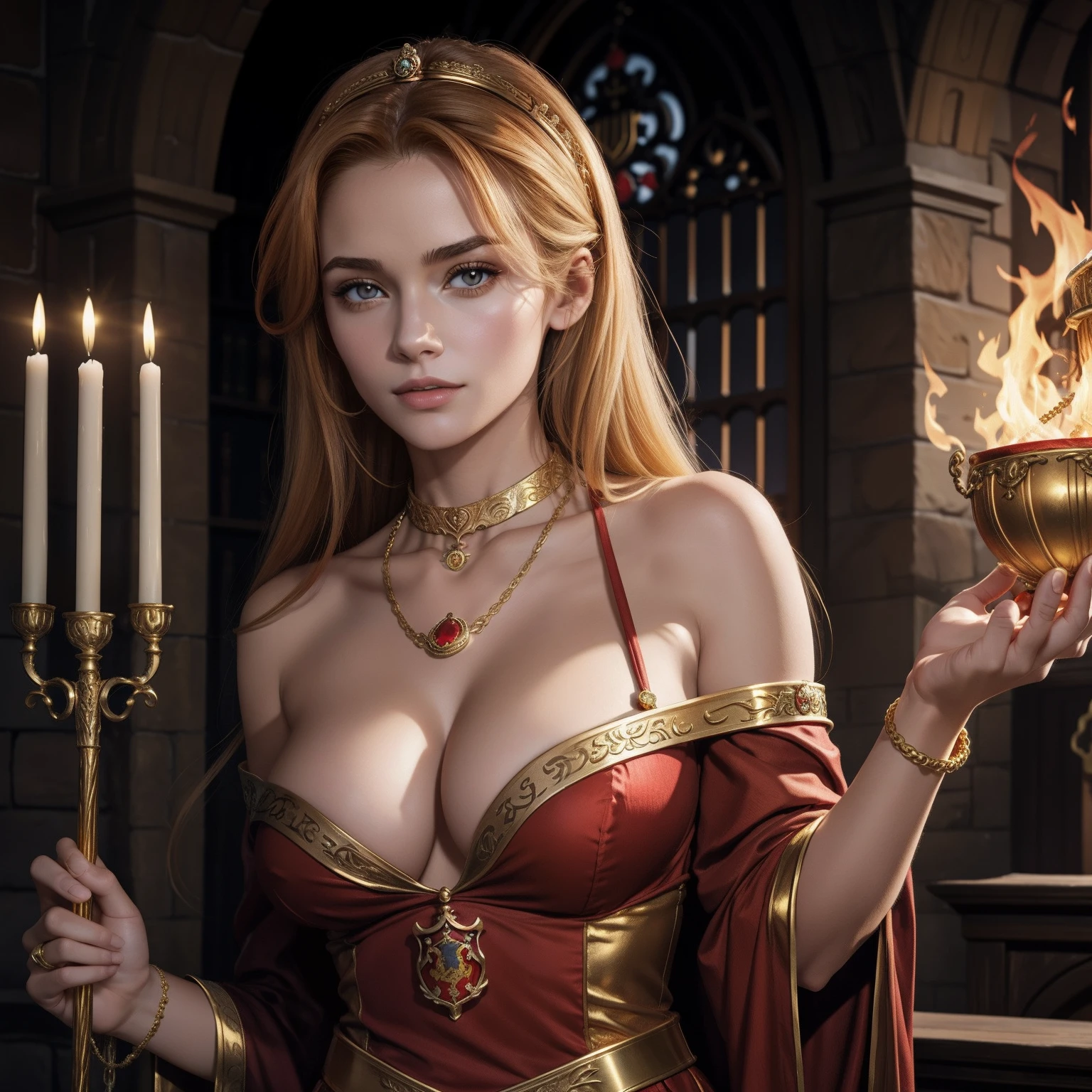 28 Jahre,a beautiful young woman, lange goldene geflochtene Haare, hogwarts haus Griffindor, langer roter Umhang, bare breasts, bare boobs, golden lion necklace around the neck, Hogwarts im Hintergrund, holds red fire in his hand, Hand brennt rot,