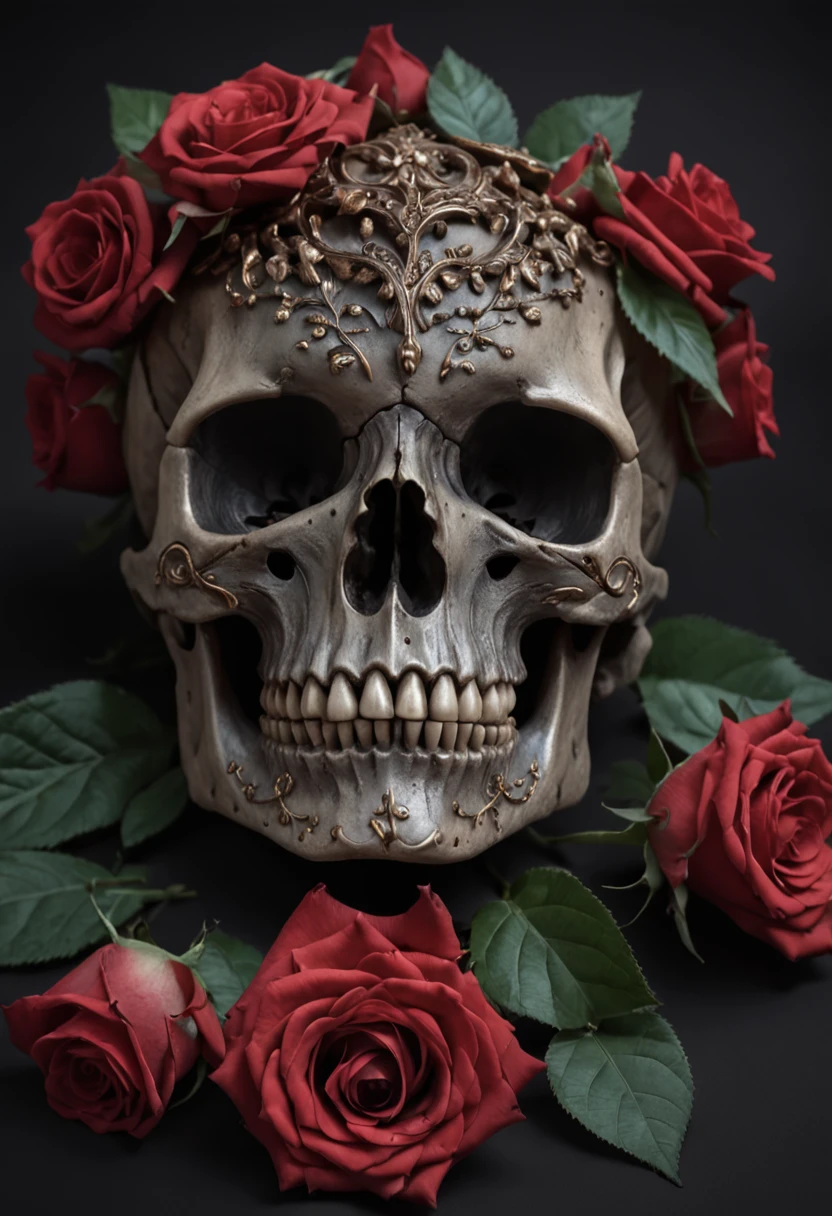 a skull with roses and leaves on its head, skull made of red roses, fantasy skull, arte escura altamente detalhada, sacred skull, 8 k altamente detalhado ❤🔥 🔥 💀 🤖 🚀, death skull, 8k arte detalhada de alta qualidade, Arte digital escura, mas detalhada, adorned with demon skulls, Arte altamente detalhada em 4K, arte digital altamente detalhada, gothic art