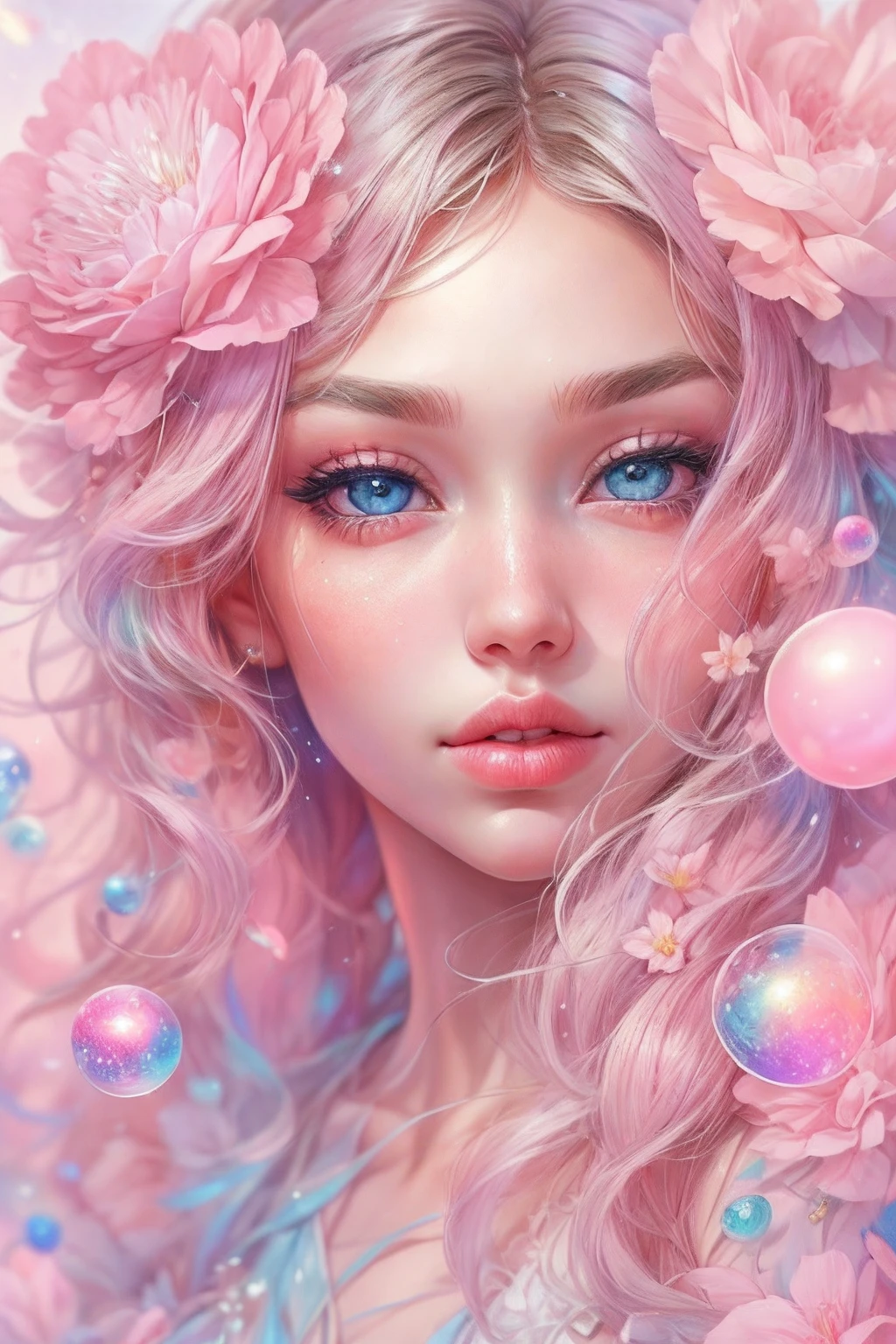 ((masterpiece)). This artwork is sweet, dreamy and ethereal, with soft pink watercolor hues and many ornate cotton candy accents. Generate a delicate and demure English fae exploring a (bubblegum world with a wide variety of pastel shades). Her sweet face is extremely detailed and realistic with elegant features and a sweet and subtle expression and looks like ((Gigi Hadid)). Include mature features, puffy lips, and stunning, highly realistic eyes. Her eyes are important and should be realistic, highly detailed, and beautiful. In high definition and detail, include lots of details like stars, galaxies, colorful bubbles, colorful petals, and lots of energy and emotion! The stars and colorful bubblegum bubbles are important! Include fantasy details, enhanced details, iridescence, colorful glittering wind, and pollen. Pay special attention to her face and make sure it is beautifully and realistically detailed. The image should be dreamy and ethereal.8k, intricate, elegant, highly detailed, majestic, digital photography