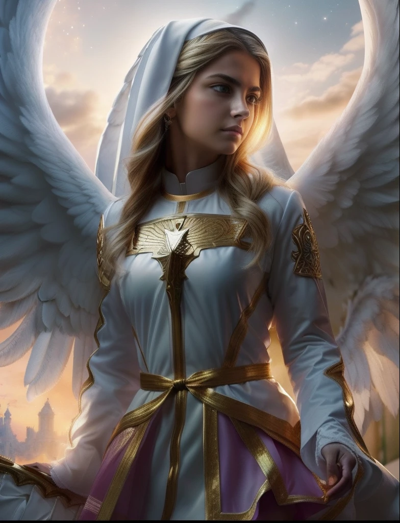 (((Holy GUARDIAN ANGEL. 19 years old))) ((( Con una cara seria y piadosa. Con una mirada dulce y tierna))) (obra maestra, calidad superior, mejor calidad, arte oficial, beautiful and aesthetic: 1.2), (1girl), extremadamente detallado, (Arte fractal: 1.3), colorido, highest detailed, Cara perfecta, parte superior del cuerpo, HDR, (orando: 1.3), (golden lines of white coat: 1.2), galaxia, (rayas de luz), eye-catching visuals, (dynamic stripes, senderos luminosos: 1.2), colores vibrantes,