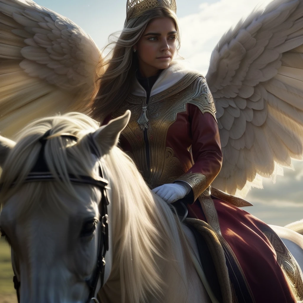 (((Holy GUARDIAN ANGEL on a horse 19 years old))) ((( Con una cara seria y piadosa. Con una mirada dulce y tierna))) (obra maestra, calidad superior, mejor calidad, arte oficial, beautiful and aesthetic: 1.2), (1girl), extremadamente detallado, (Arte fractal: 1.3), colorido, highest detailed, Cara perfecta, parte superior del cuerpo, HDR, (orando: 1.3), (golden lines of white coat: 1.2), galaxia, (rayas de luz), eye-catching visuals, (dynamic stripes, senderos luminosos: 1.2), colores vibrantes,