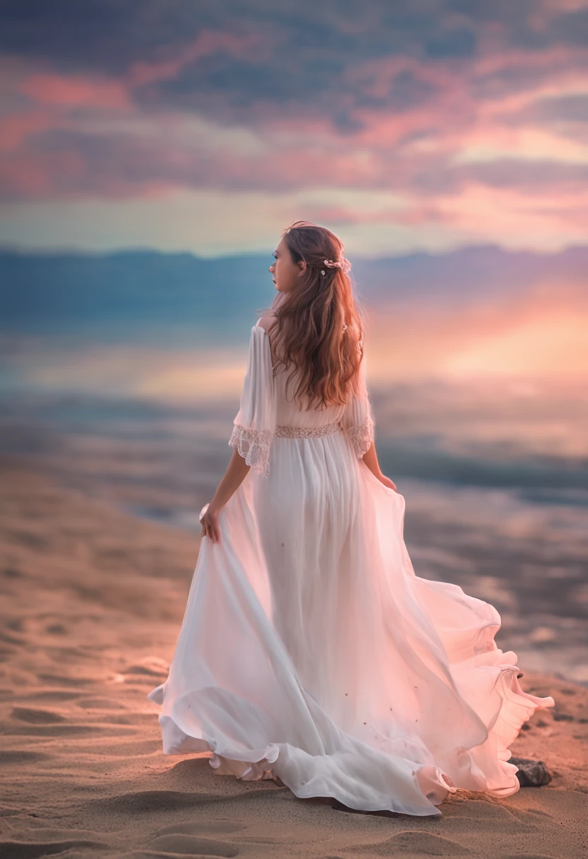 Girl animestyle, Long hair pink romantic mood, A beautiful girl with big eyes, Wearing a white dress, smiling on the beach, looking back.Shooting with a 35mm lens, Shutter Speed 1/ 400, f/ 22, white balance, 32 k, super resolution, Megapixel, RGB Professional Photography, gold