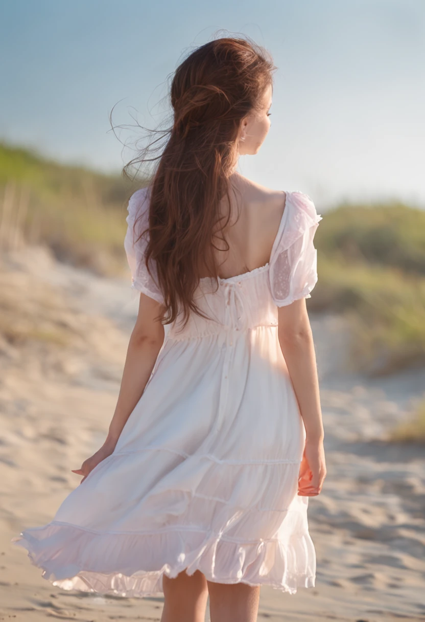 Girl animestyle, Long hair pink romantic mood, A beautiful girl with big eyes, Wearing a white dress, smiling on the beach, looking back.Shooting with a 35mm lens, Shutter Speed 1/ 400, f/ 22, white balance, 32 k, super resolution, Megapixel, RGB Professional Photography, gold