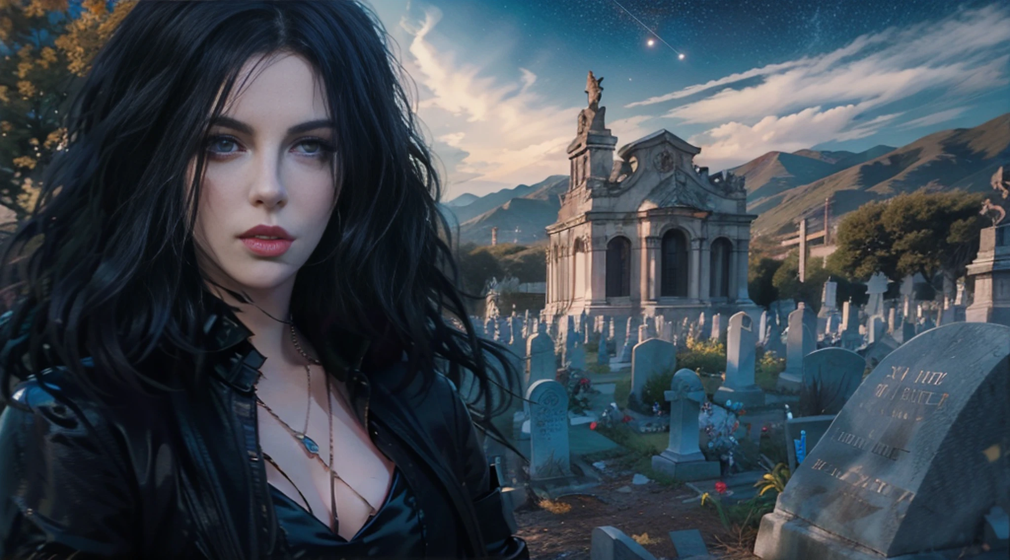 Beautiful woman reminiscent of Yennefer from The Witcher with long black hair and violet eyes bright as constellations, obra prima, ultra qualidade, 8k, cabelos caindo sobre seus ombros, in the background a cemetery, She's wearing a black suit and tie........