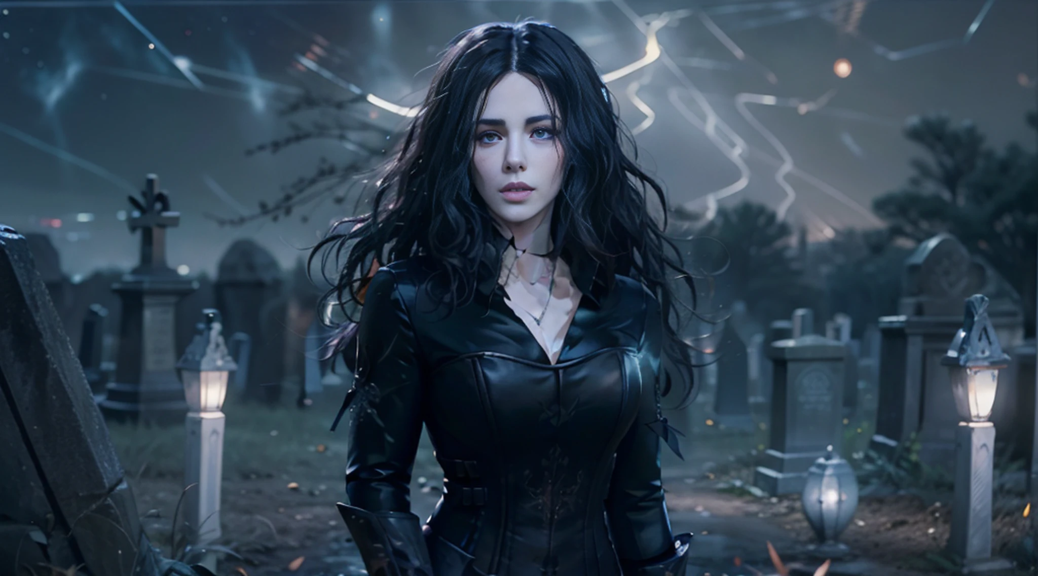 Beautiful woman reminiscent of Yennefer from The Witcher with long black hair and violet eyes bright as constellations, obra prima, ultra qualidade, 8k, cabelos caindo sobre seus ombros, in the background a cemetery, She's wearing a black suit and tie........