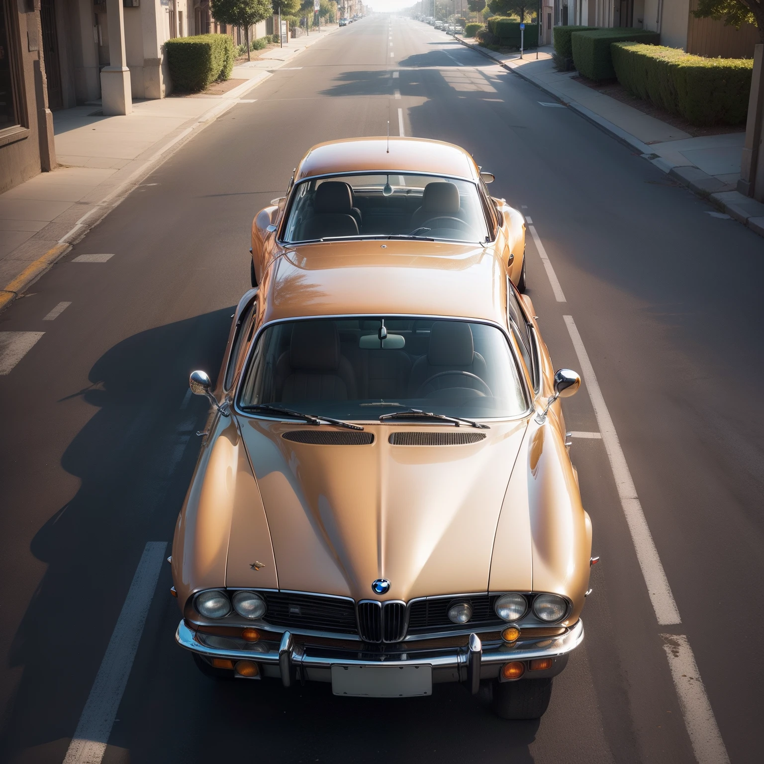 (masterpiece, high resolution, picturesque:1.2), 1970s BMW car, (retro orange exterior:1.1), iconic design, cruising along Harbor Road, (lights reflecting:1.2), bathed in sunlight, sea breeze rustling, (harbor view:1.1), waves lapping the shore, city skyline mirrored, nostalgic ambiance, interplay of light and shadow, rich layers, captivating moment, old-world street view, vintage sentiment, fading moments