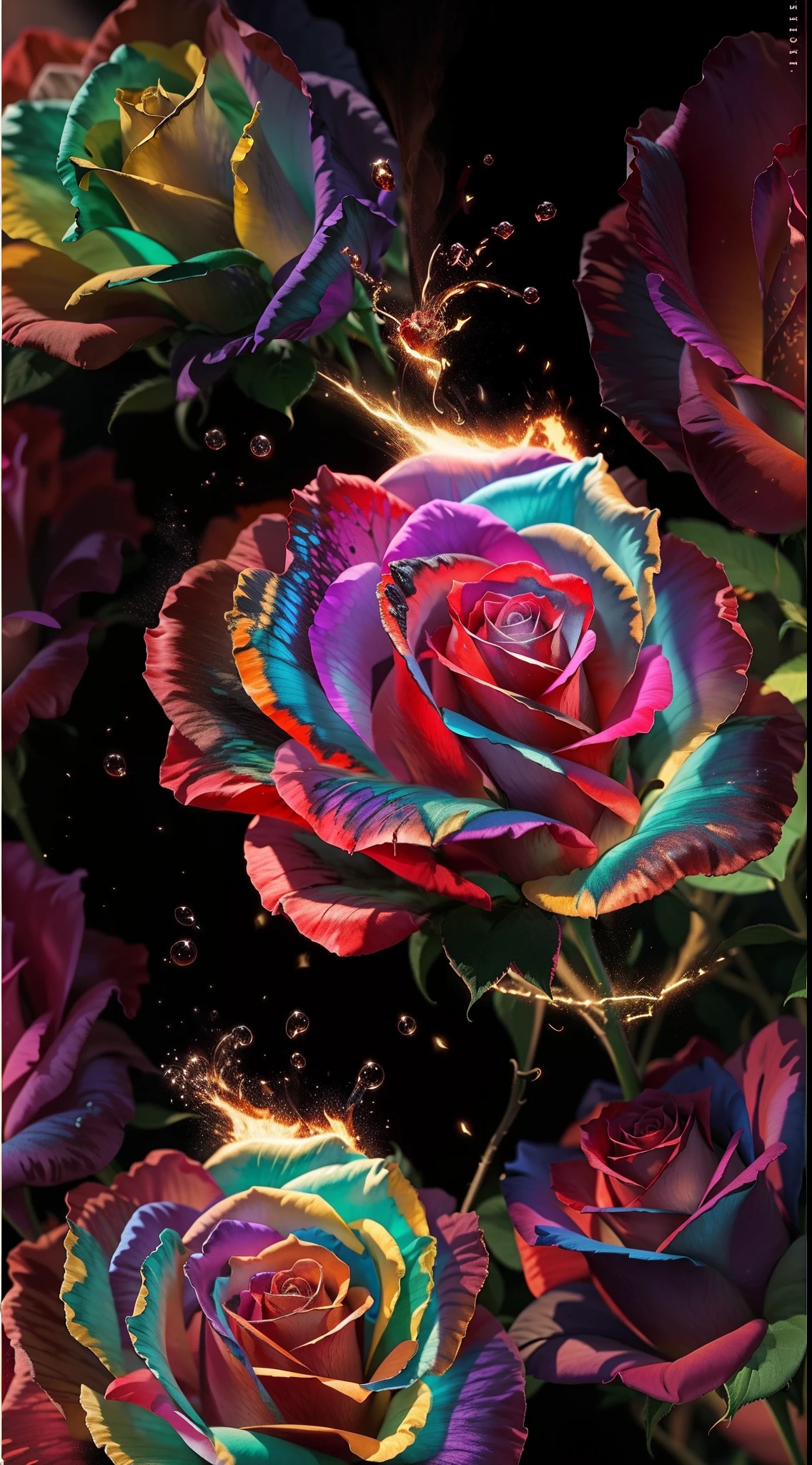 there is a rose that is lit up with a fire, glowing rich colors, with beautiful colors, dramatic lighting and colors, exploding roses, amazing color photograph, brilliantly colored, rose twining, ❤🔥🍄🌪, ✏️🎨, roses in cinematic light, photo of a rose, beautiful detail and color, magical colorful flowers, with a black background