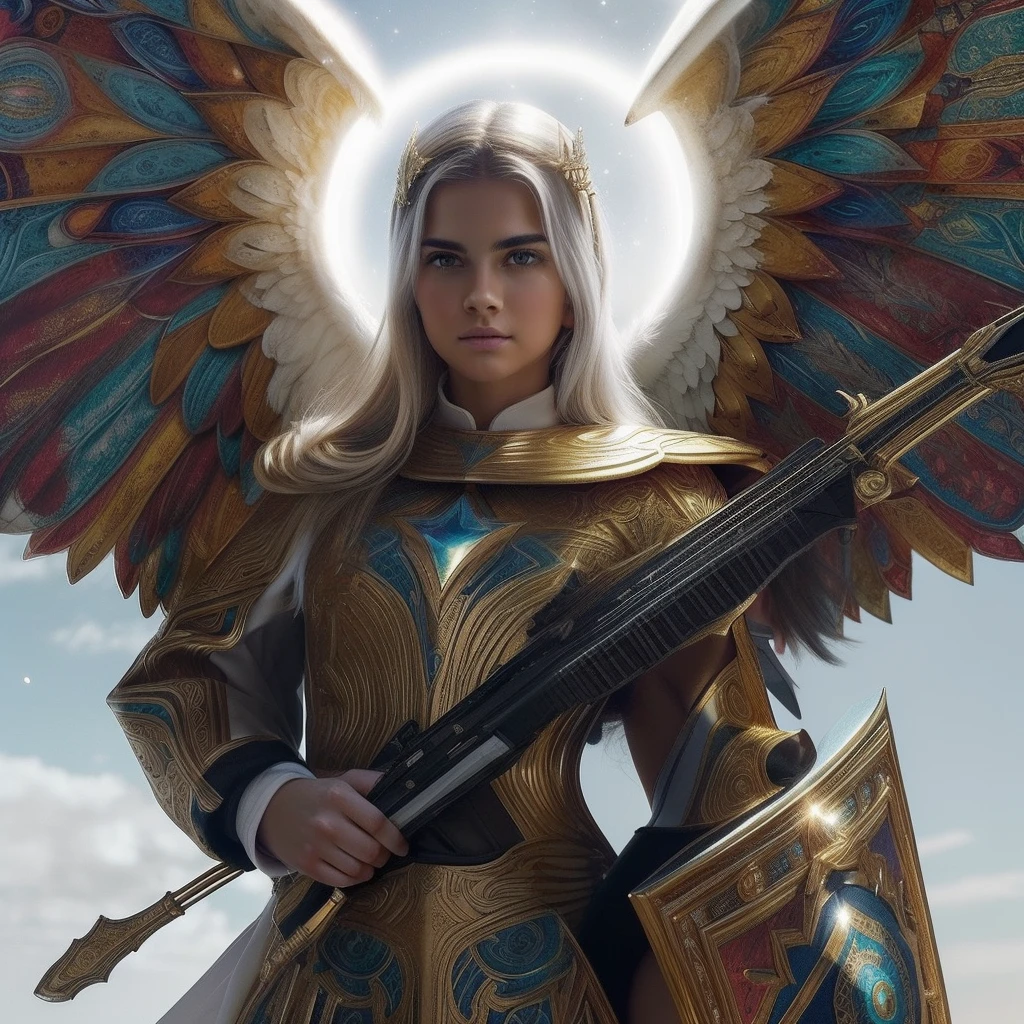 (((Holy GUARDIAN ANGEL. 19 years old))) ((( Con una cara seria y piadosa. Con una mirada dulce y tierna))) (obra maestra, calidad superior, mejor calidad, arte oficial, beautiful and aesthetic: 1.2), (1girl), extremadamente detallado, (Arte fractal: 1.3), colorido, highest detailed, Cara perfecta, parte superior del cuerpo, HDR, (orando: 1.3), (golden lines of white coat: 1.2), galaxia, (rayas de luz), eye-catching visuals, (dynamic stripes, senderos luminosos: 1.2), colores vibrantes,