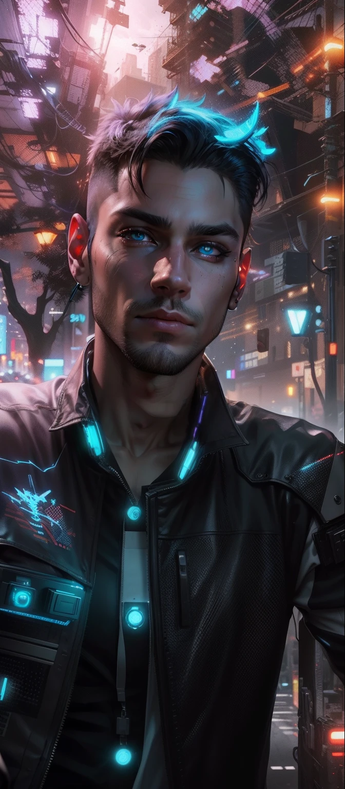 Change background cyberpunk handsome boy, realistic face, glowing eyes,8k, ultra realistic