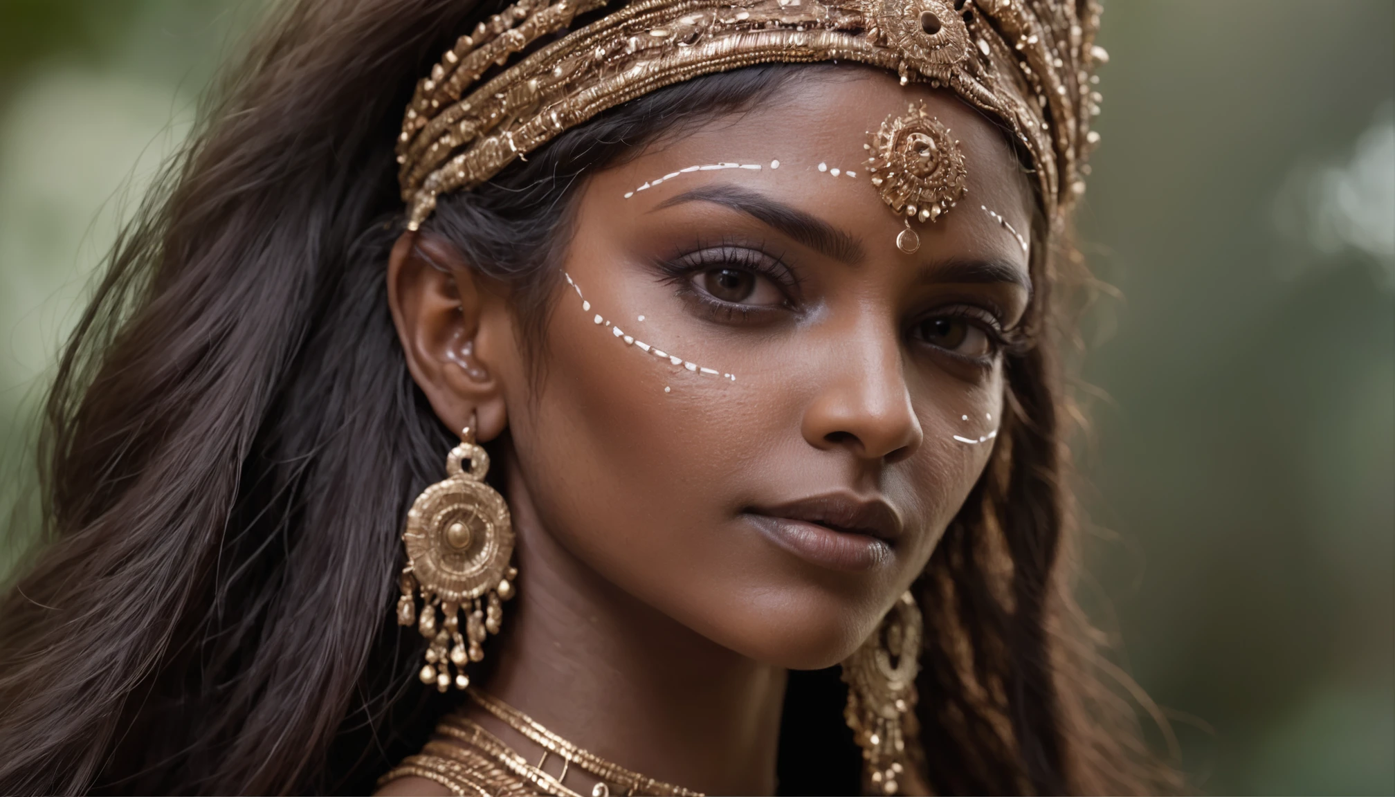 best quality ,Obra-prima multicolorida, ultrahigh-resolution, (fotografia realista:1.4),brown skin beautiful indian model cybernetic humanoid goddess ,Surrealismo, Semelhante a um sonho, FusionArt, Humanoid Indian mystical elves, Ethereal Magic Elves , Sonho dos elfos humanoides , Cybernetic magic, passo de sombra, Elf spells, Cristais, Amazing details, Indigenous Futurism