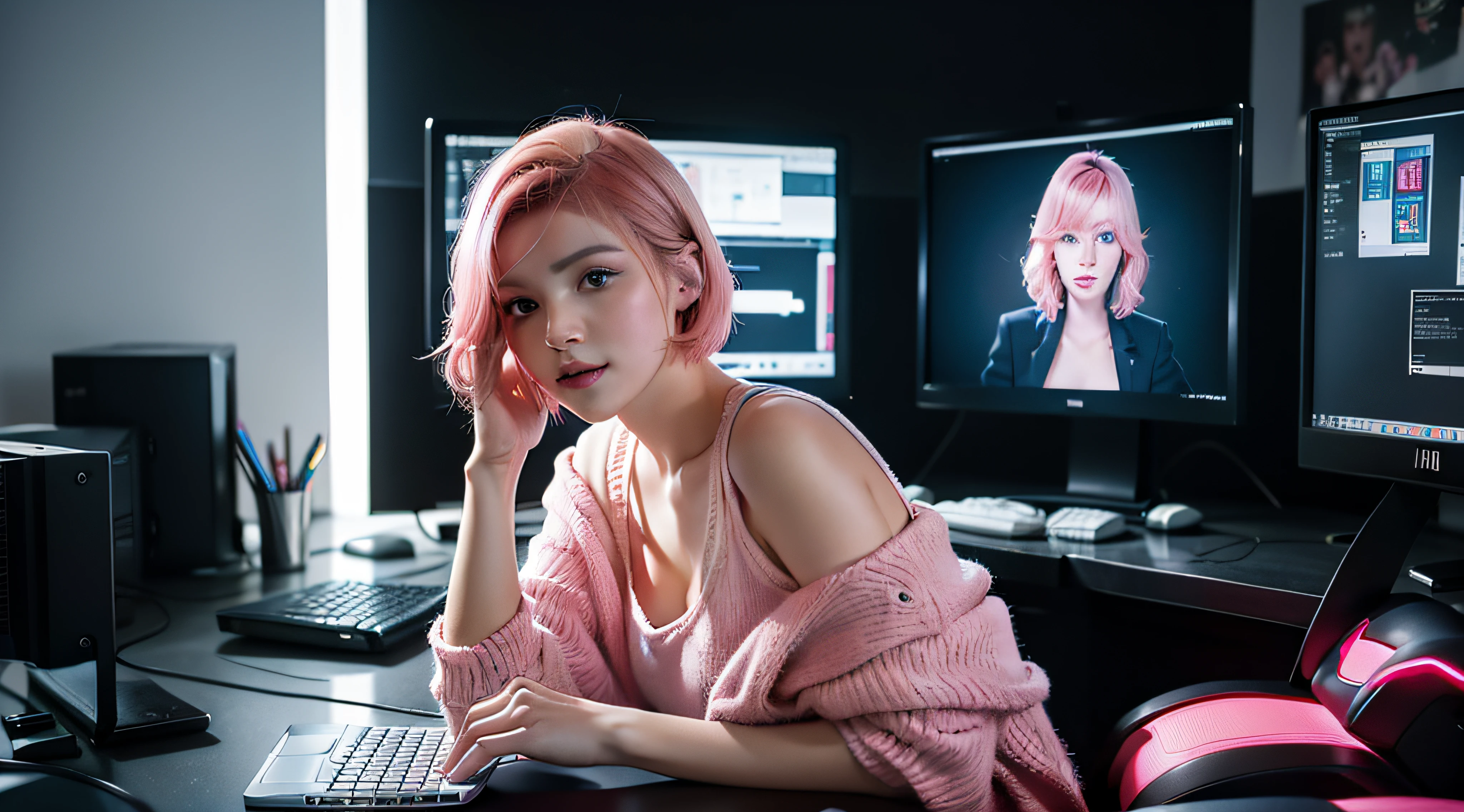 photo of a woman working on a computer , freelancer , gamer , cute girl ,facing computer , looking at computer , thinking, with short pink hair, jovana rikalo,  young business woman, with pink hair, high quality portrait , aleksandra waliszewska