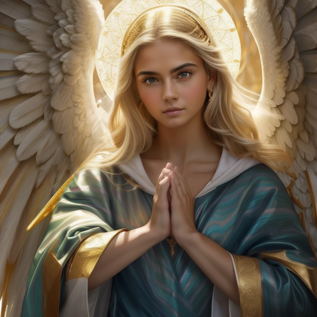 (((Holy GUARDIAN ANGEL. 19 years old))) ((( Con una cara seria y piadosa. Con una mirada dulce y tierna))) (obra maestra, calidad superior, mejor calidad, arte oficial, beautiful and aesthetic: 1.2), (1girl), extremadamente detallado, (Arte fractal: 1.3), colorido, highest detailed, Cara perfecta, parte superior del cuerpo, HDR, (orando: 1.3), (golden lines of white coat: 1.2), galaxia, (rayas de luz), eye-catching visuals, (dynamic stripes, senderos luminosos: 1.2), colores vibrantes,