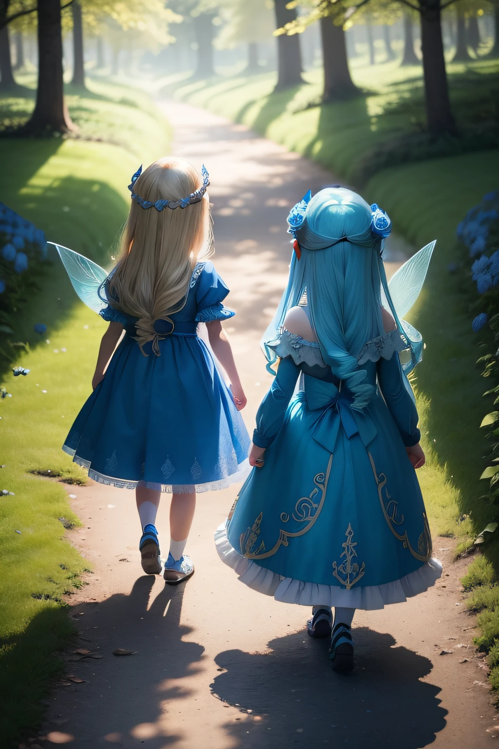 one girl with 6 years old with long blond hair with a rose dress, with one fairy girl with 6 years old too, with a blue dress, only the fairy girls has wings, blue hair and they are walking together to the back and can not see their faces