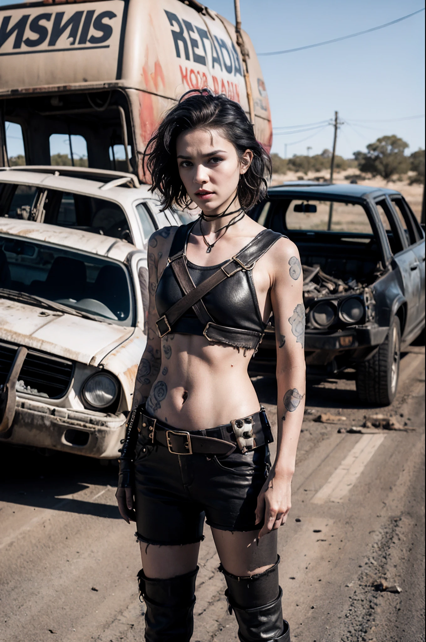 1girl, standing,adult, slender,  short curly hair, punk girl, mad max,(disheveled clothes:1.4), standing in the Australian outback, burning crashed cars.