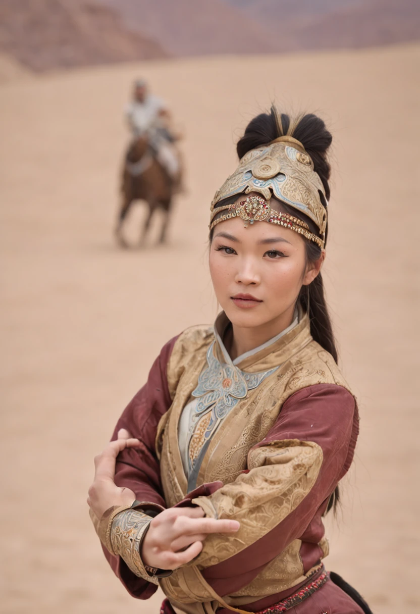 marcopolo figting wrestling with mongolian princess in desert in ancient time