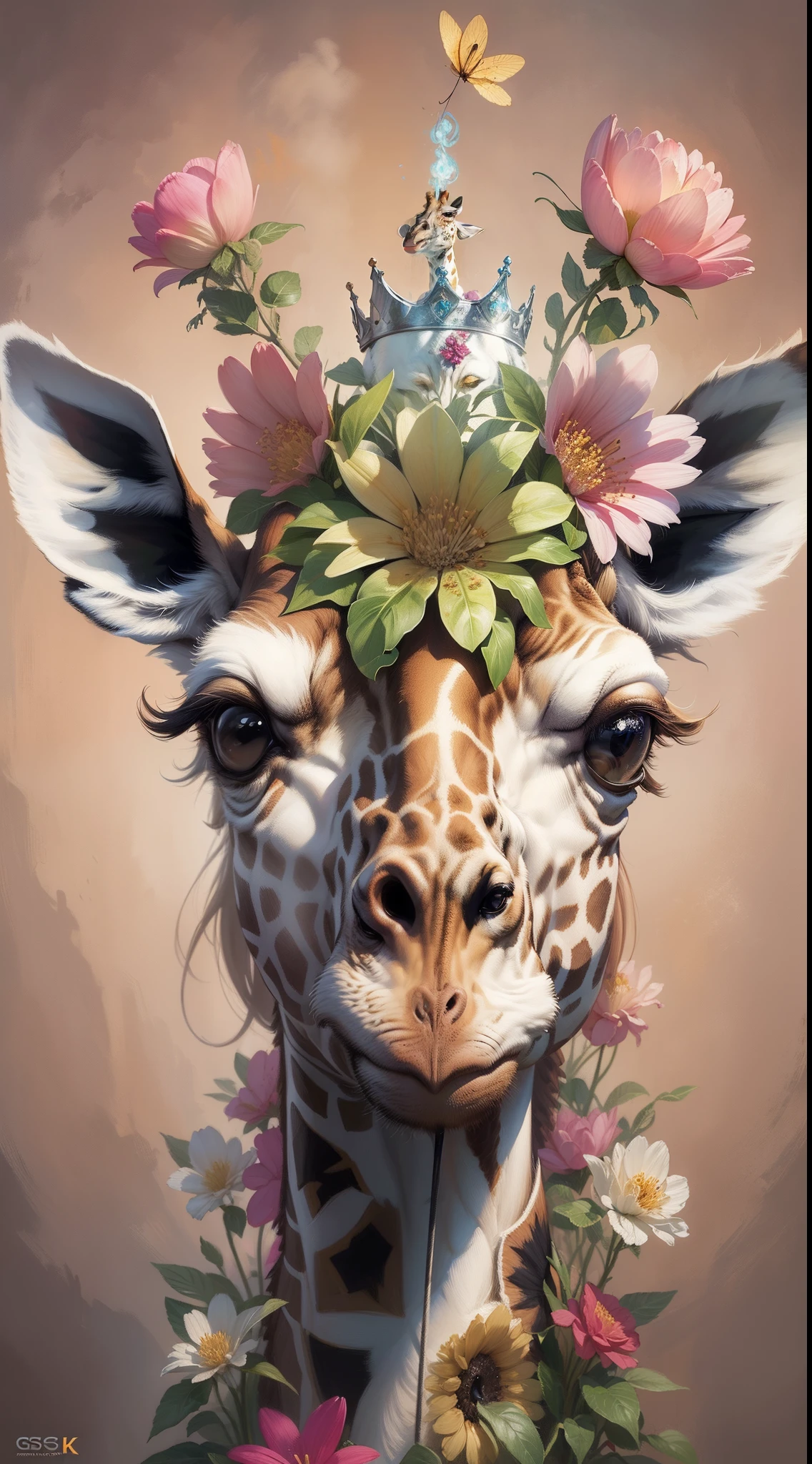 a giraffe with a crown and flowers on its head, an airbrush painting by derek zabrocki, trending on cgsociety, pop surrealism, [ trending on cgsociety ]!!, trending on cgsociety art, art contest winner on behance, cgsociety ), art of alessandro pautasso, surreal hybrid animals, cgsociety 4k”, behance art