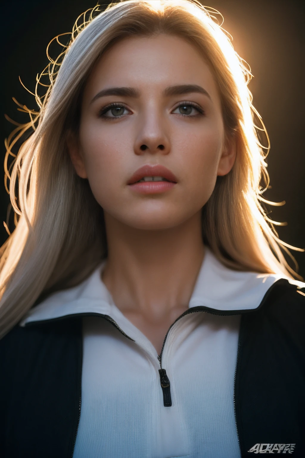 Hyperrealist portrait of female by david hockney and alphonse mucha,fantasy art, photo realistic, dynamic lighting, artstation, poster, volumetric lighting, very detailed faces, 4 k, award winning,, 1girl, in the dark, deep shadow, low key,cowboy shot,(official clothing:1.4) ,long hair,white hair,