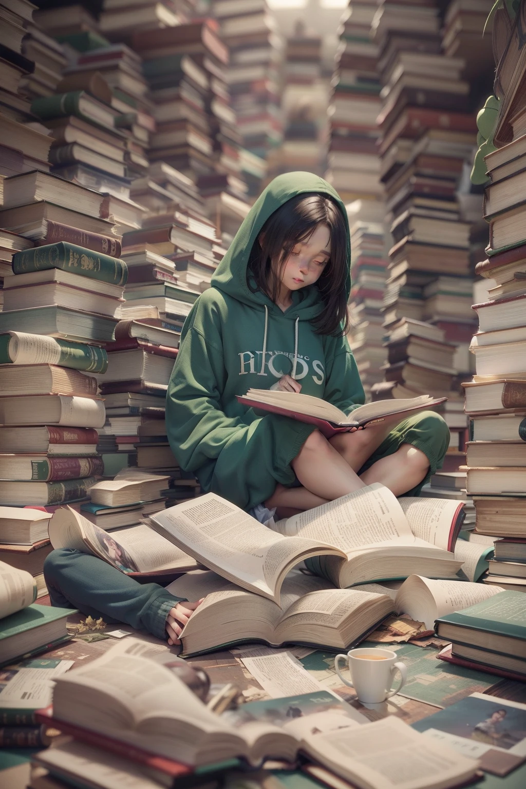 Finding you reading on the ground in a pile of books full of books 1girl, wearing green hoodies, sitting on the floor,8k