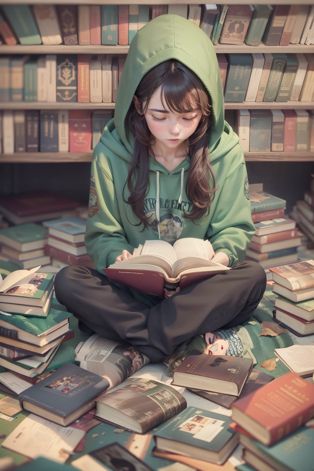 Finding you reading on the ground in a pile of books full of books 1girl, wearing green hoodies, sitting on the floor,8k