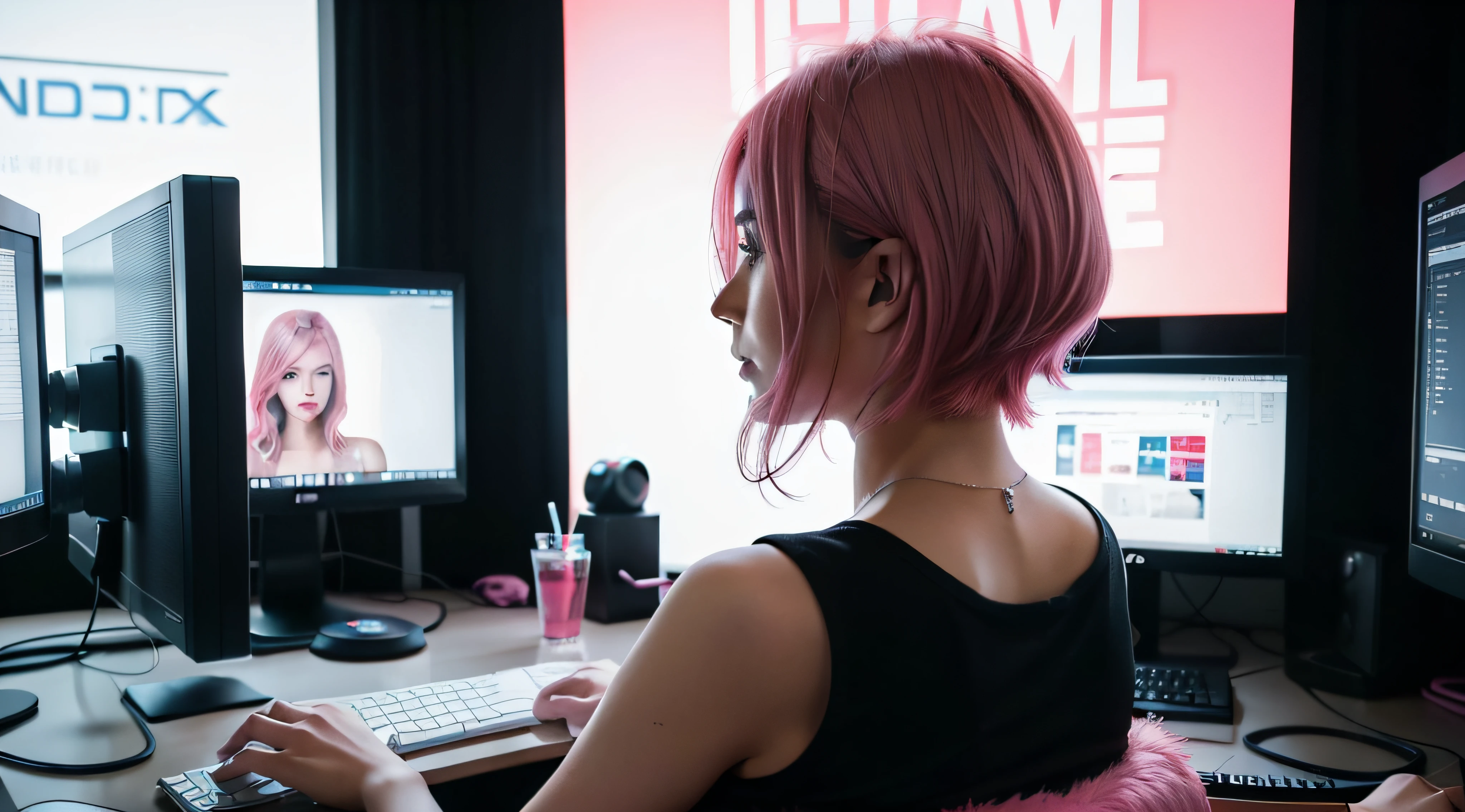 photo from back , of a woman working on a computer , freelancer , gamer , cute girl ,facing computer , looking at computer , thinking, with short pink hair, jovana rikalo, young business woman, with pink hair, high quality portrait , aleksandra waliszewska