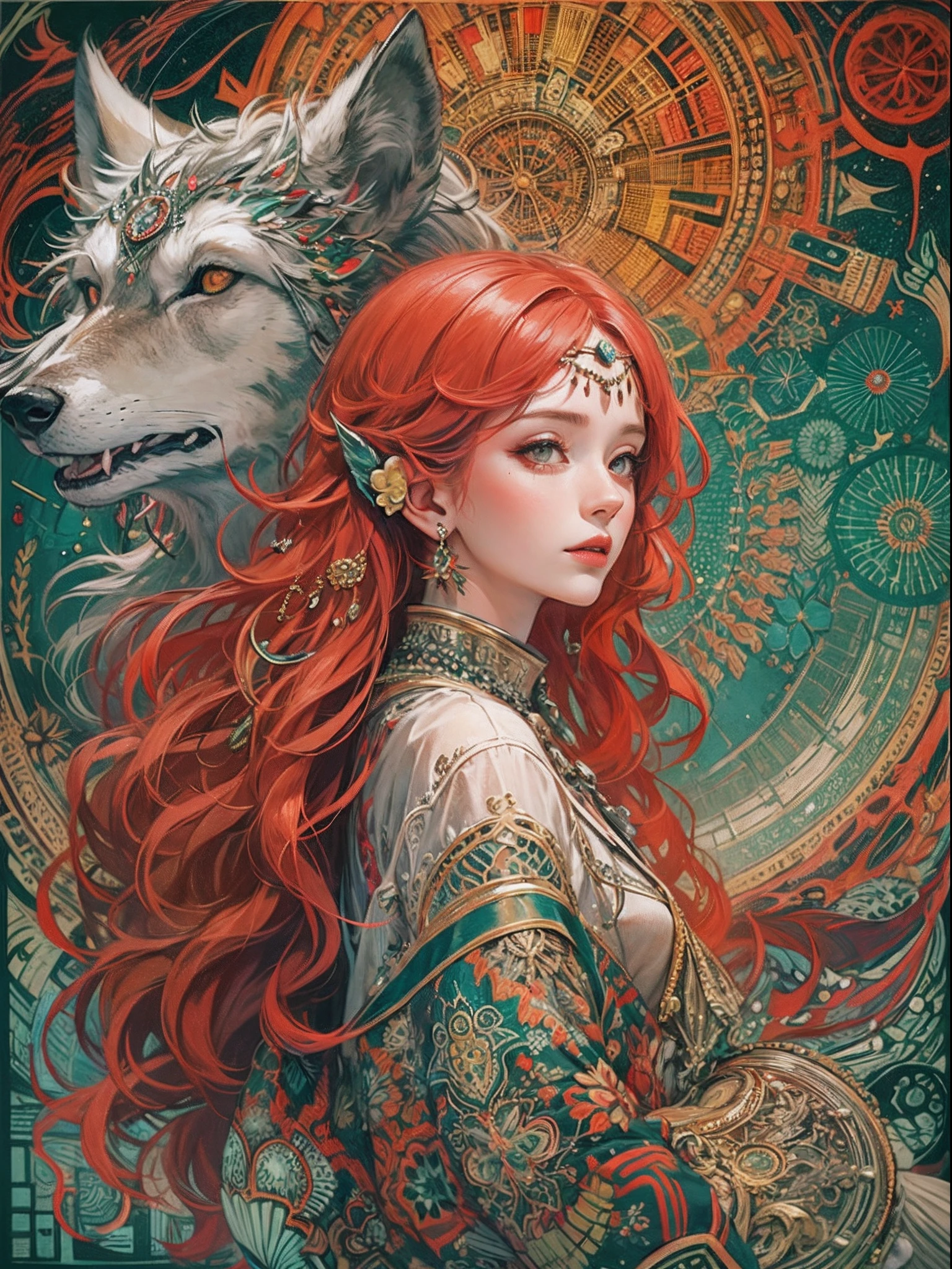 official arts, Unity 8k壁纸, Ultra-detailed, Beautiful and aesthetically pleasing, tmasterpiece, beste-Qualit, (zentangle, a Mandala, clew, meshing), (s fractal art: 1.3), 1Anthropomorphic wolf girl, Red hair and ears, Extremely detailed, dinamic angle, Cowboy shot, Most Beautiful Form of Chaos, elegant, a brutalist designed, bright colours, romanticism, The Shining of the Stars, Arctic Lights