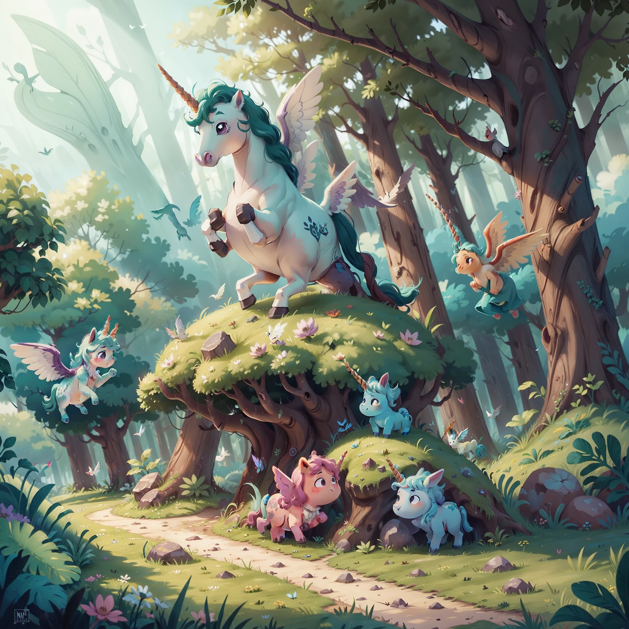 flying unicorns, magic creatures, forest, dreamland,