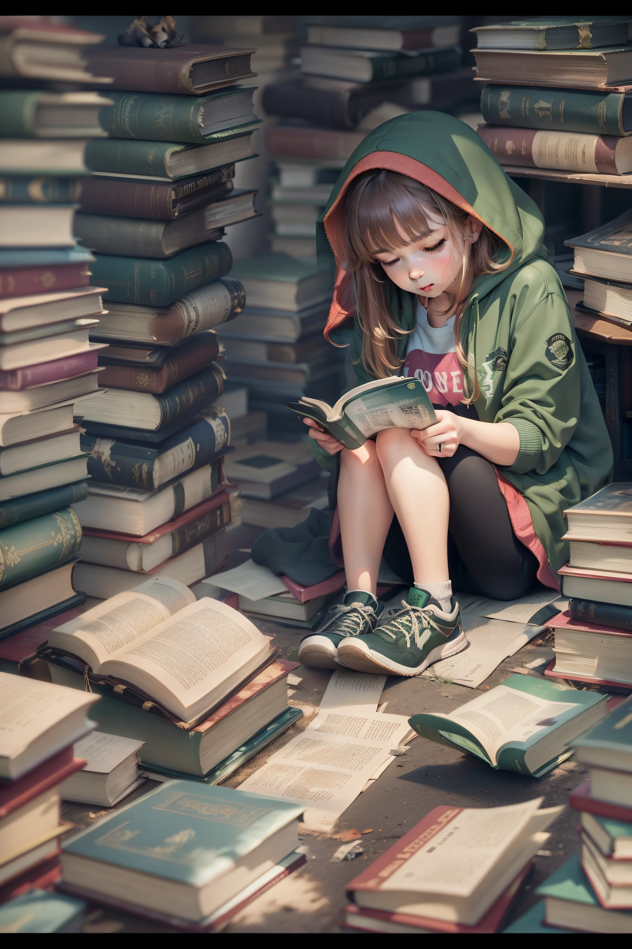 Finding you reading on the ground in a pile of books full of books 1girl, wearing green hoodies, sitting on the floor,8k