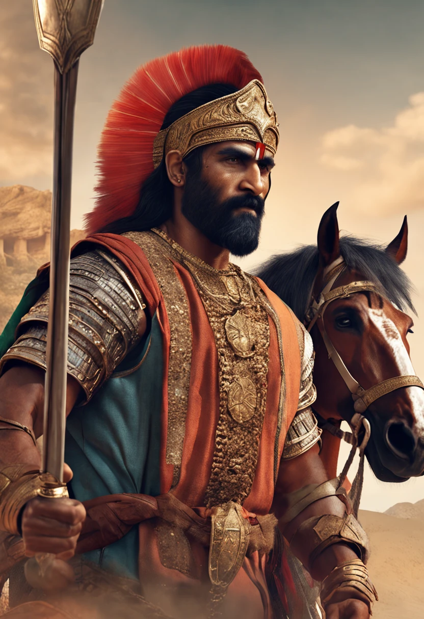 A ancient tamil king ride a horse, facial features are carefully depicted realistic skin texture, sharp mustang and beard, heavy armor of steel, handle a bow and arrow