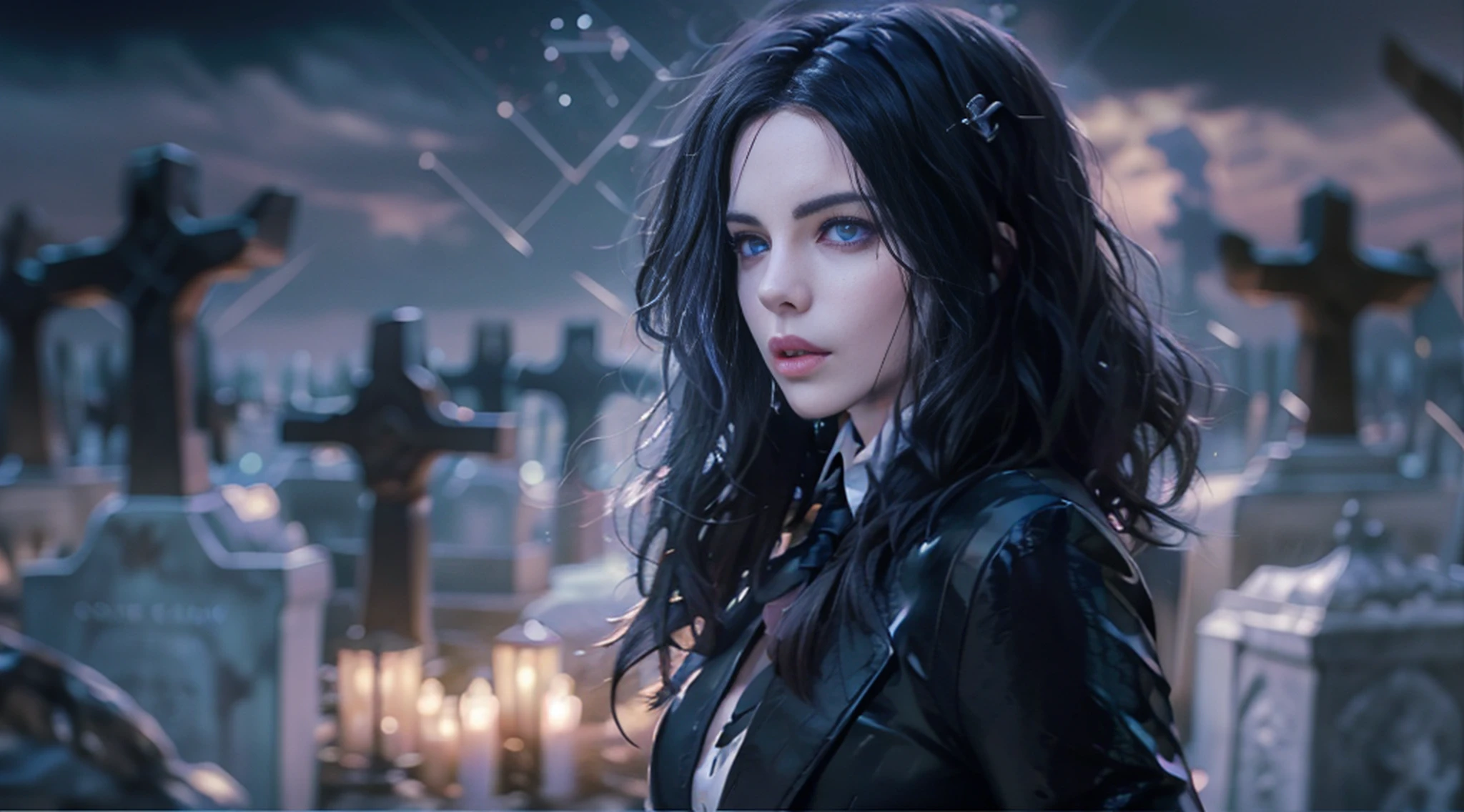 Beautiful woman reminiscent of Yennefer from The Witcher with long black hair and violet eyes bright as constellations, obra prima, ultra qualidade, 8k, cabelos caindo sobre seus ombros, in the background a cemetery, She's wearing a black suit and tie...........