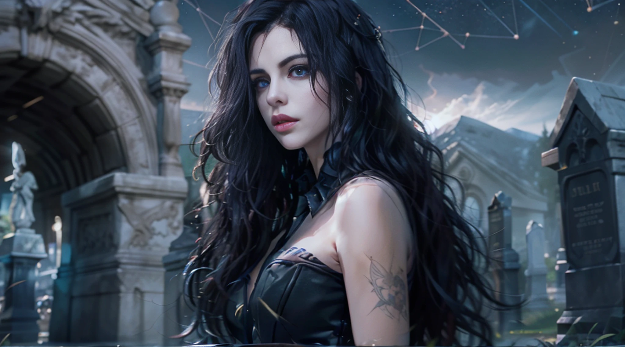 Beautiful woman reminiscent of Yennefer from The Witcher with long black hair and violet eyes bright as constellations, obra prima, ultra qualidade, 8k, cabelos caindo sobre seus ombros, in the background a cemetery, She's wearing a black suit and tie...........