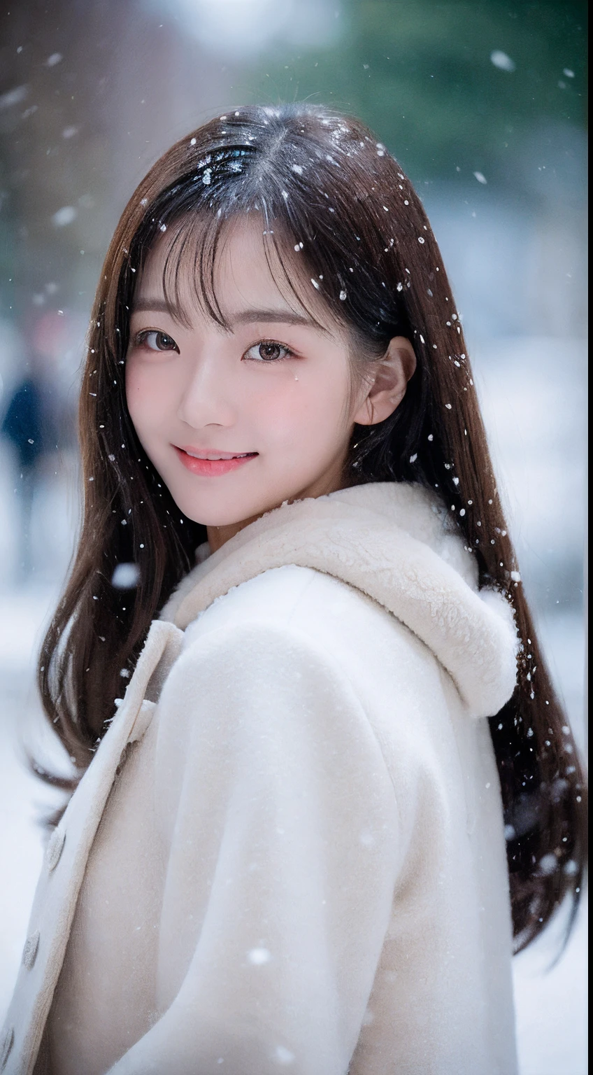 ((best qualtiy, 8K, tmasterpiece:1.3)), Focus:1.2, perfect figure beautiful woman:1.4, Cocked buttocks:1.2, ((long whitr hair)), (Wool cloak:1.1) , (Falling snow, street,stop,copse,snow cover:1.3),Lace aristocratic red ta costume:1.1, Highly detailed facial and skin texture, A detailed eye, 二重まぶた,Whiten skin,ssmile,huge tit,Cinematic lighting,Detailed details,Real hair and skin,