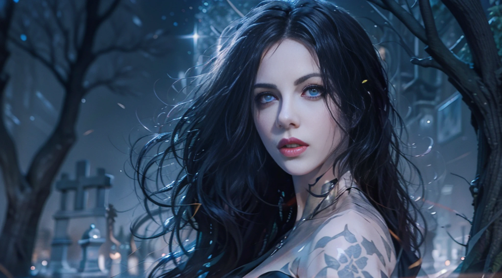 Beautiful woman reminiscent of Yennefer from The Witcher with long black hair and violet eyes bright as constellations, obra prima, ultra qualidade, 8k, cabelos caindo sobre seus ombros, in the background a cemetery, She's wearing a black suit and tie...........