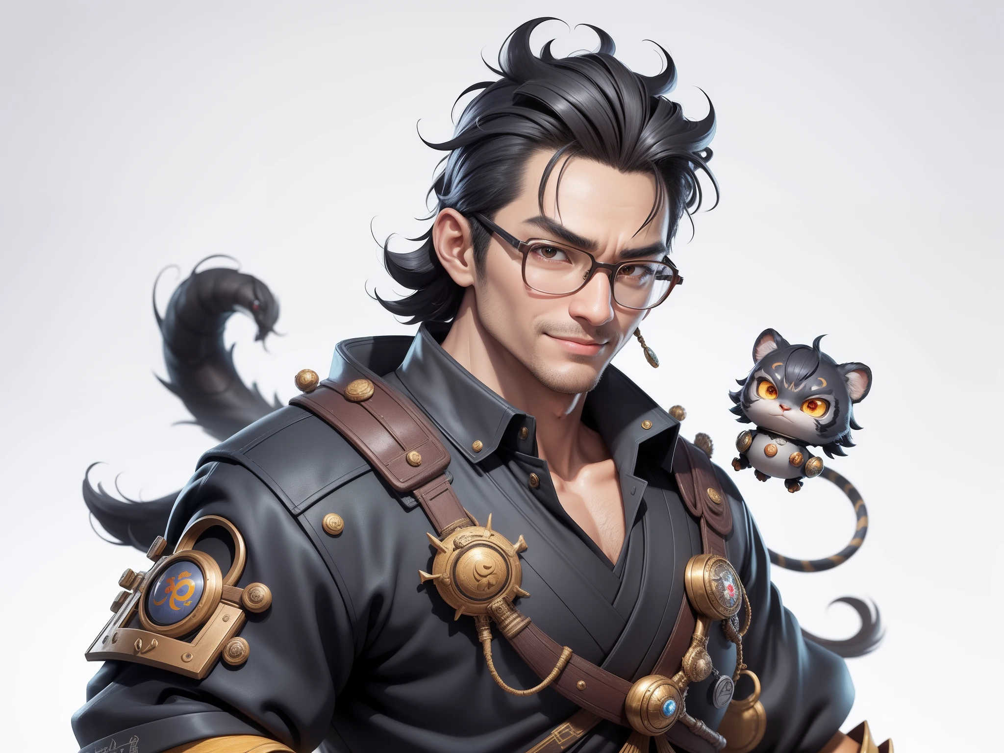 (Masterpiece), (Excellent), (Super Meticulous), (Full Body: 1.2), Super Young Man with Japanese Female Geisha, Pretty, Beautiful, Chinese Dragon, Tiger, Wind God Thor, Sexy, Bursting, Oriental Face, TV Anchor, Bust Portrait Illustration, Black Suit, Blue Tie, Slightly Chubby Face, Silver Glasses, Very Clean Face, No Beard on Chin, Black Super Short Hair, Black Eyes, Confident Smile, 3c Computer Sub-Products, iPad, iPhone, Digital Painting, 3D character design by Mark Clairedon and Pixar and Hayao Miyazaki and Akira Toriyama, the illustrations are HD illustrations in 4K resolution with highly detailed facial features and cartoon-style visuals.