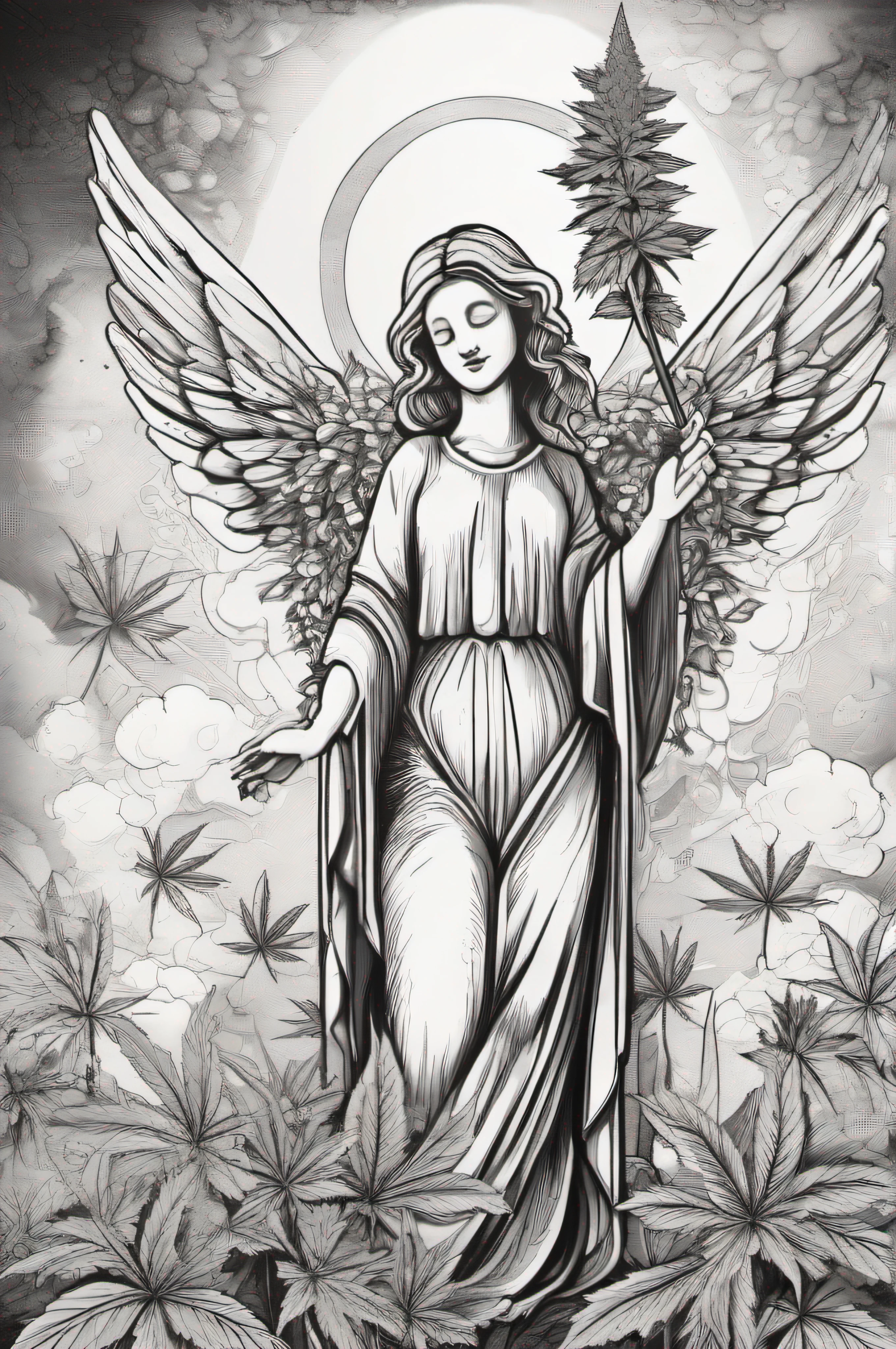ink style hand drawn illustration of an angel statue with a cannabis leaf in her hand, black white colors
