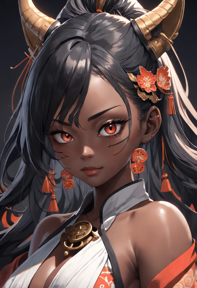Hannya mask style+kitsune+black woman on right side, illustrator, 0mib, masterpiece, high quality, black and gray, monochrome, 8k, high resolution, high detail, japanese, samurai, extremely detailed eyes and face, japan , black woman on right side, beautiful detailed nose, beautiful detailed eyes, light on face, looking at viewer, (1 woman, mature face), realistic face, full lips, captivating smile, realistic body, (RAW photo, best quality ), (realistic, photorealistic: 1,3) , masterpiece, extremely beautiful, extremely detailed, CG, unity, 4k wallpaper, amazing, fine detail, extremely detailed 8k CG unity wallpaper, huge file size , ultra-detailed, high resolution, absurd, soft light, wet dress, big round ass ,