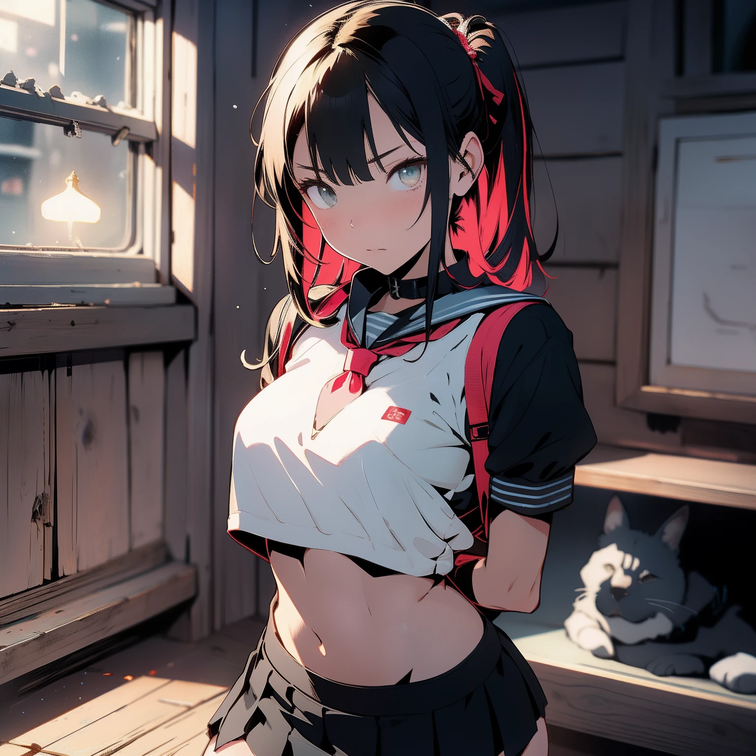 bound arms, arms behind back, rope, highres, highest quallity, illustration, ultra detailed, (detailed face), (detailed eyes), soft lighting, best quality, hyper detailed, masterpiece, looking at viewer, angry, open mouth, 1girl, solo, ((crop-top, school uniform, black pantyhose, collar, skirt)), (colorful), upper body, shack, window, night,