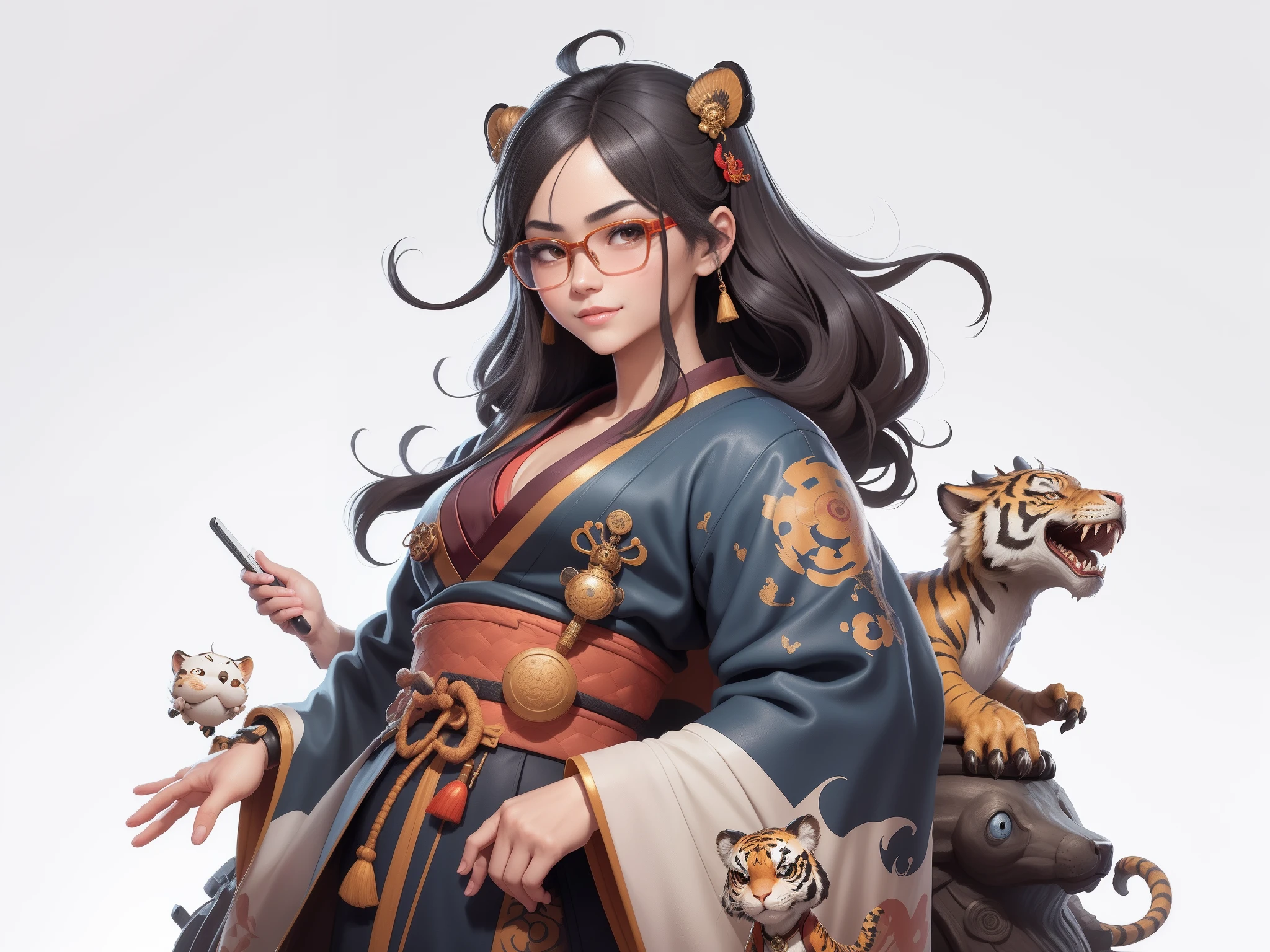(Masterpiece), (Excellent), (Super Meticulous), (Full Body: 1.2), Super Young Man with Japanese Female Geisha, Pretty, Beautiful, Chinese Dragon, Tiger, Wind God Thor, Sexy, Bursting, Oriental Face, TV Anchor, Bust Portrait Illustration, Black Suit, Blue Tie, Slightly Chubby Face, Silver Glasses, Very Clean Face, No Beard on Chin, Black Super Short Hair, Black Eyes, Confident Smile, 3c Computer Sub-Products, iPad, iPhone, Digital Painting, 3D character design by Mark Clairedon and Pixar and Hayao Miyazaki and Akira Toriyama, the illustrations are HD illustrations in 4K resolution with highly detailed facial features and cartoon-style visuals.