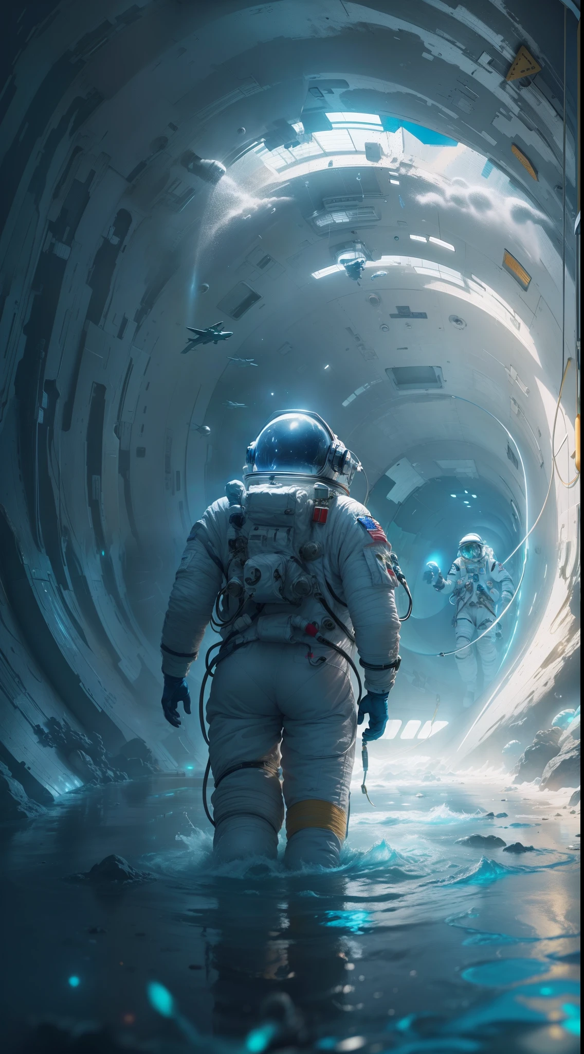 an astronaut in a space suit walking through a tunnel of water, digital art by Beeple, trending on cgsociety, space art, beeple art, beeple!!, beeple artwork, beeple style, beeple daily art, beeple and tim hildebrandt, beeple. hyperrealism, realism | beeple