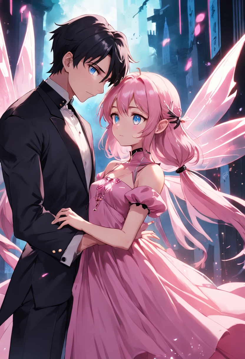 "An enchanting soldier fairy boy with captivating colored eyes, elegantly dressed in a sleek black suit, heroically rescuing a mesmerizing girl adorned in a flowing pink dress."