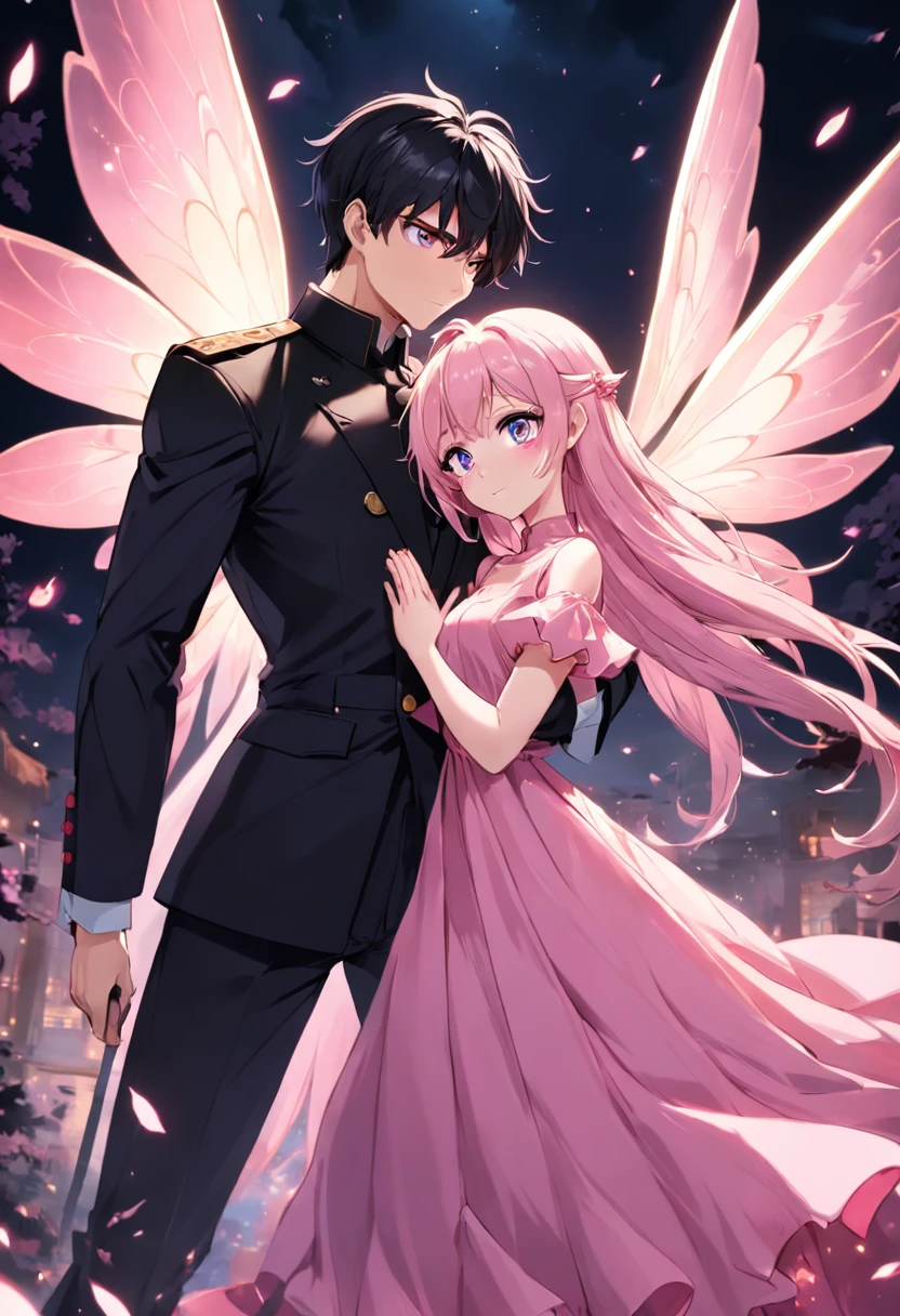 "An enchanting soldier fairy boy with captivating colored eyes, elegantly dressed in a sleek black suit, heroically rescuing a mesmerizing girl adorned in a flowing pink dress."