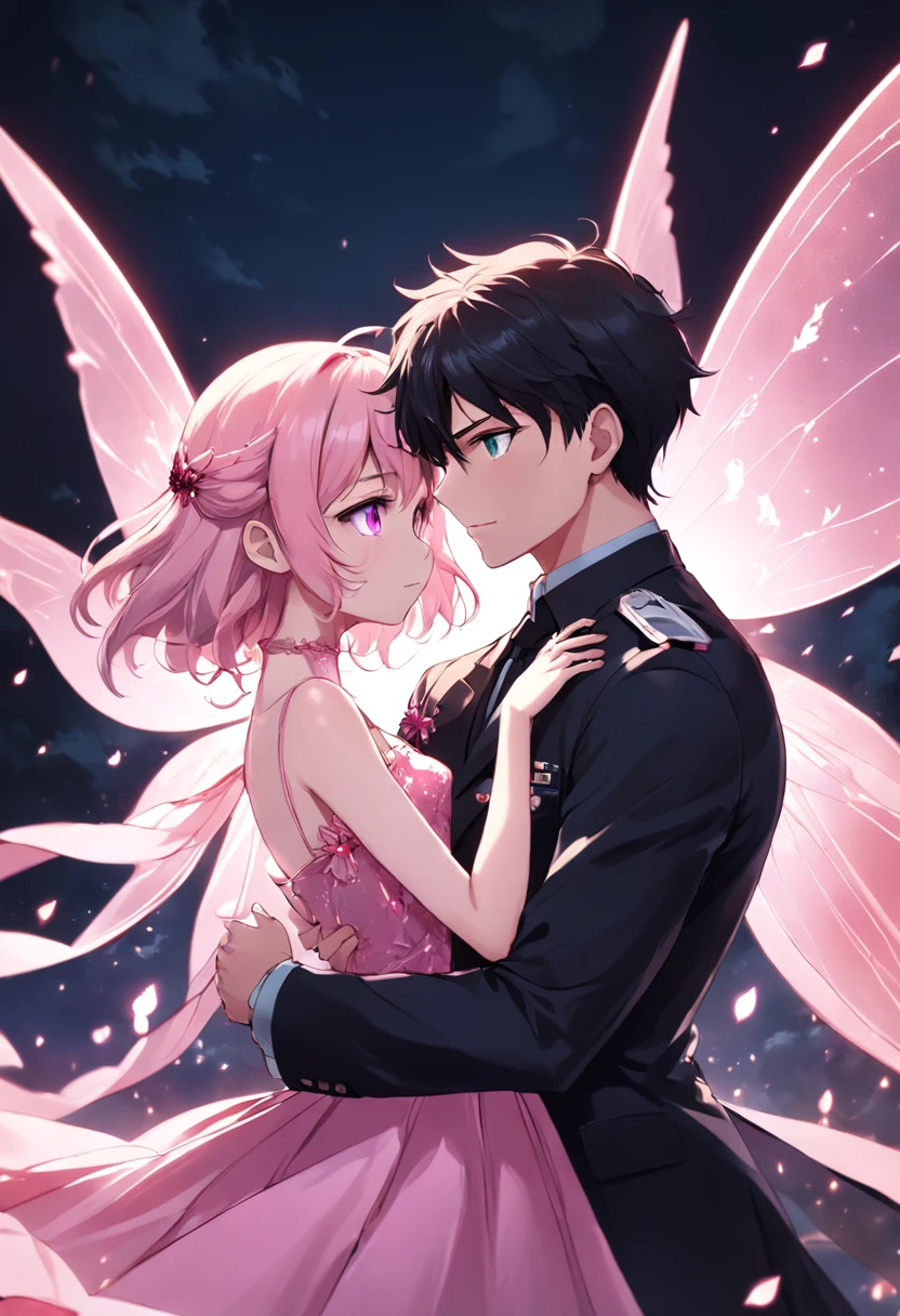 "An enchanting soldier fairy boy with captivating colored eyes, elegantly dressed in a sleek black suit, heroically rescuing a mesmerizing girl adorned in a flowing pink dress."