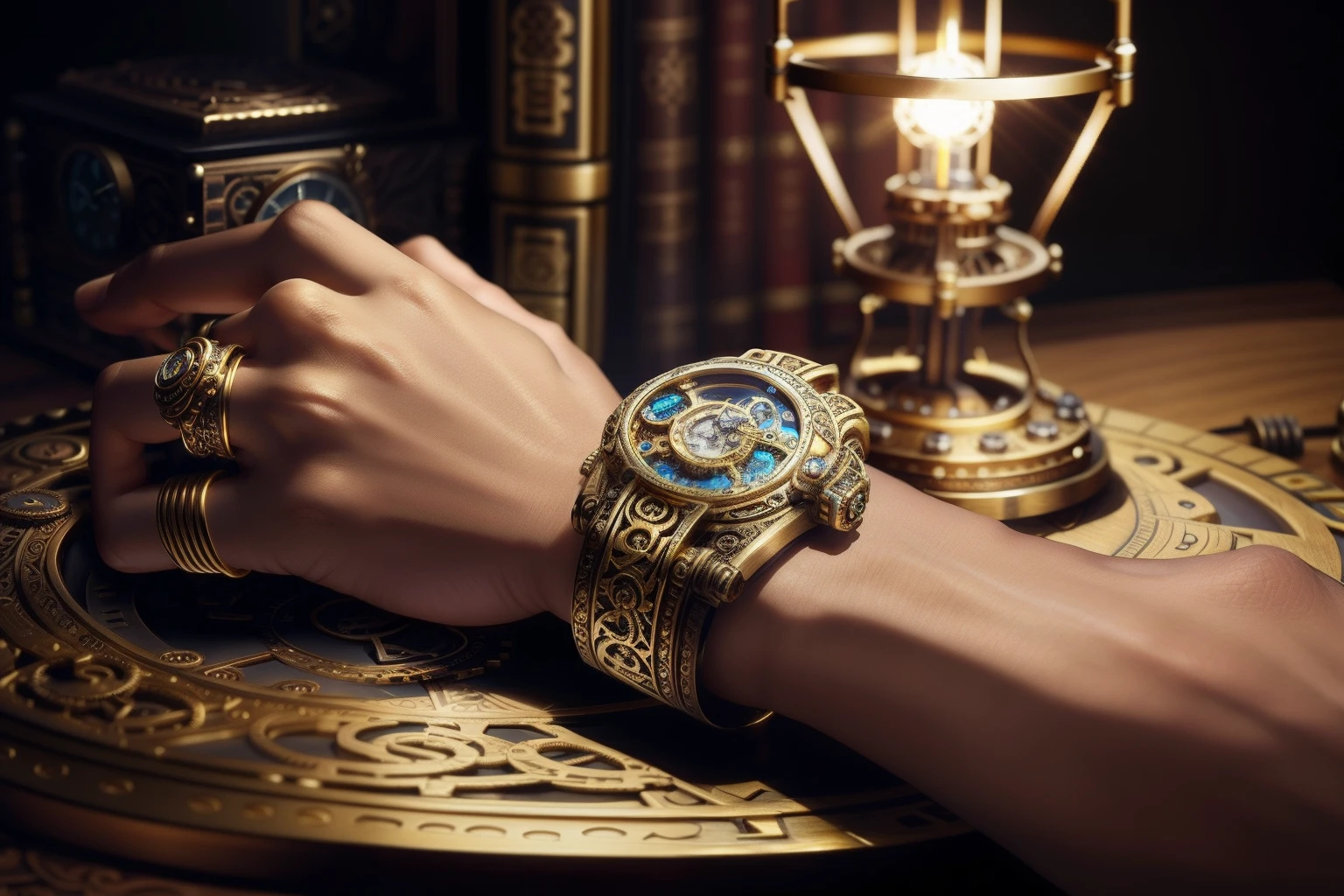 focus hand, back of one young smooth hand is on the table, the room of steampunk, labyrinth ring, filigree ring, glowing list watch, clock_punk_ring, (depicting the highest quality:1.2), highest resolution, extremely detail, (masterpiece:1.2), steampunk style. ((smooth and flawless skin)),