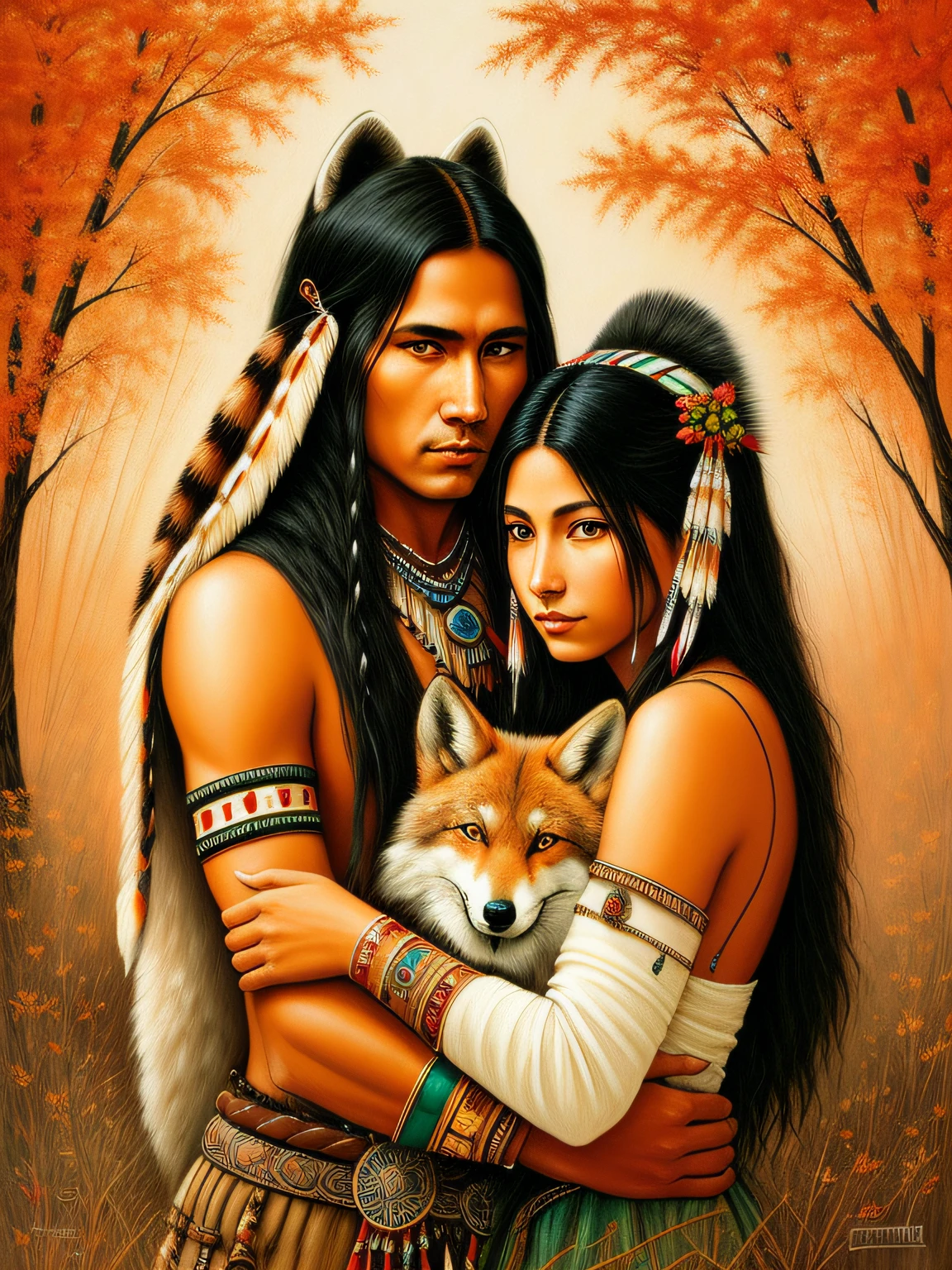 painting of native american couple with wolf, : native american shamen fantasy, native american art, native american, amazing art, fox people, beautiful painting of friends, wolves and their treasures, autumn, ( art fitzpatrick ), louis royo, amazing, kindred spirits, native art, fantasy fox love, beautiful depiction, hd art, high picture quality, by Randy Post