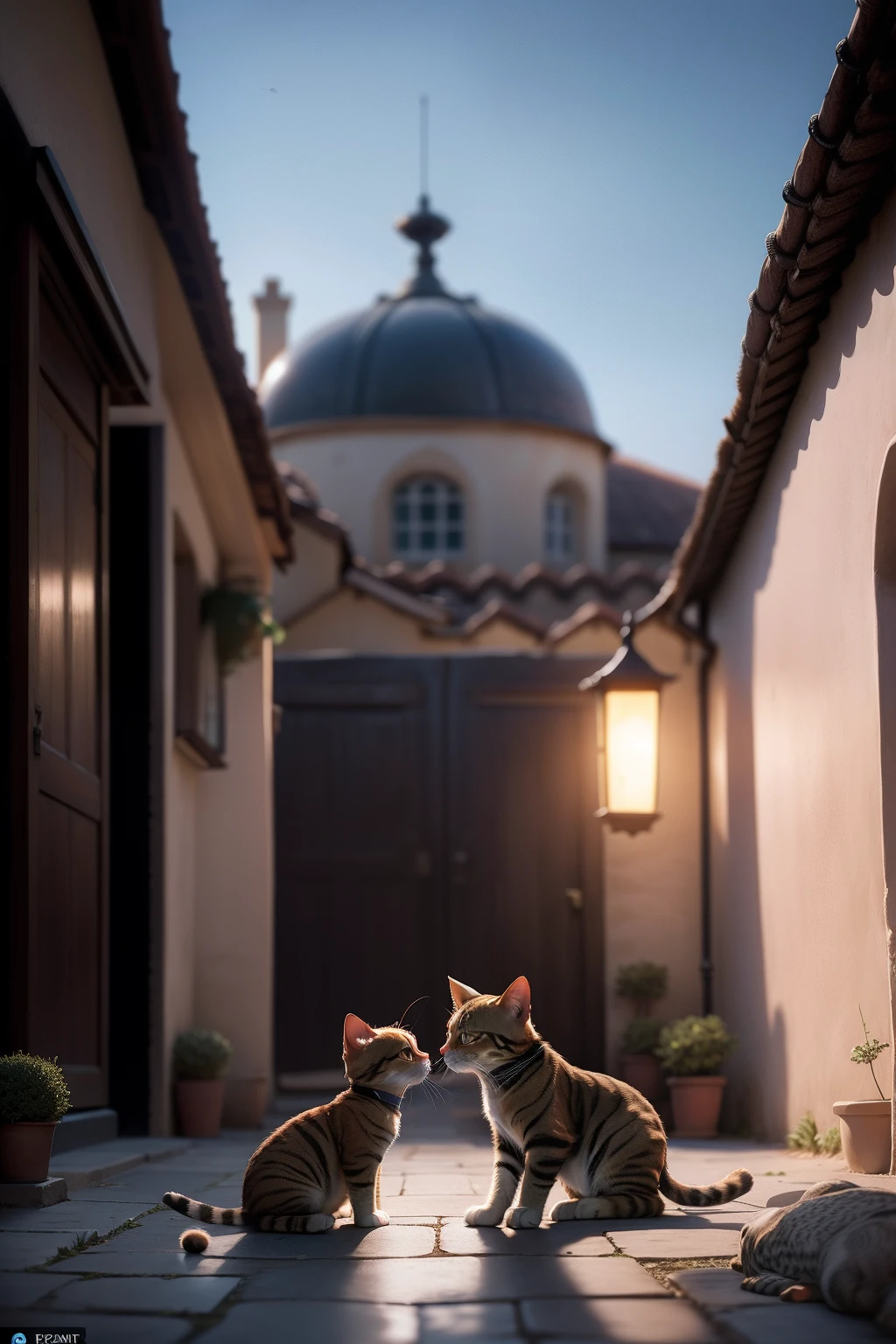 A very dynamic scene. The tabby cat sniffs at the alien in front of him, very carefully, surprised, super-realistic, cinematic. Blurred background of a village courtyard with a UFO, light haze.