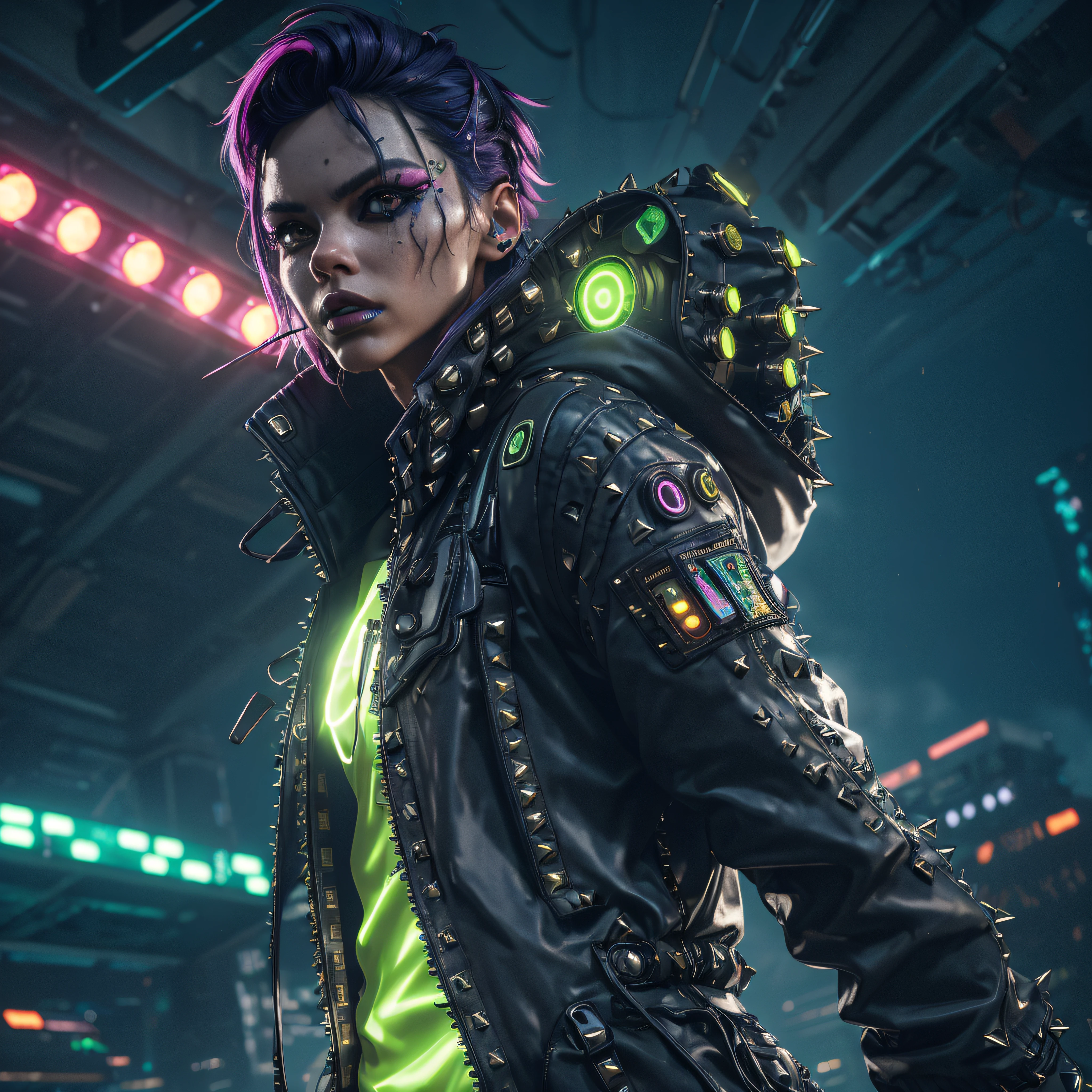 a 1person, (polyvinyl Jacket With Rivets:1.3), (rave fashion:1.6), pixel, dark, neon lights, cinematic lighting,tactical polivinyl jacket, closeup, cyberpunk, hard surface modeling, full of battle gear, yellow keylight, obscure lighting contrast, poetic, detailed, realistic, 8k uhd, high quality, big cumulus clouds, (one 1 shining beam of light descended vertically from the sky to the ground:1), Megalytic structures, dramatic, dangerous, unreal, surreal, unreal engine, Cinematic Light