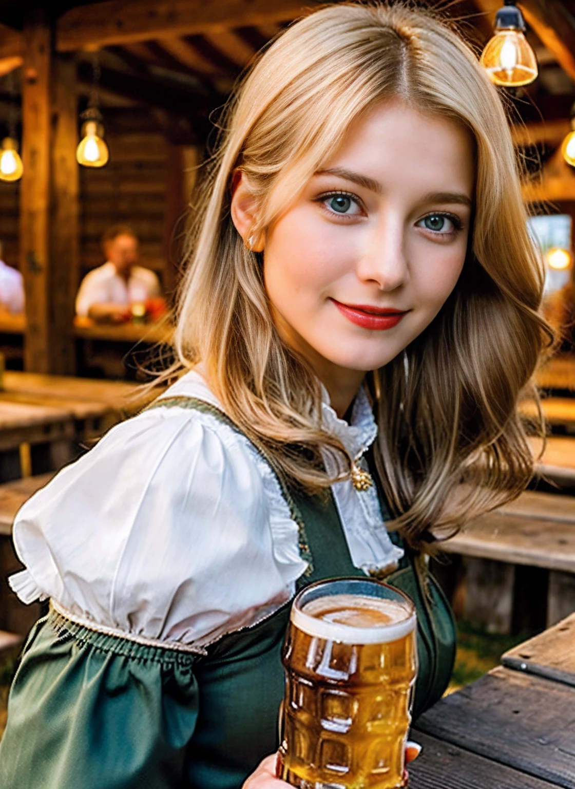 Ein atemberaubendes, kompliziertes, Full color portrait of a blonde, Beautiful 23 year old woman M14W4114CE Bobcut, hair only goes until shoulders, bayrische tracht, dirndl, befindet sich im Biergarten, Sonne, Beer benches, Kastanienbaum, alpen, rote lippen, sexy, D, volksfest, bierzelt, Fotorealismus, fotorealistisch, elegant, Highly detailed, Scharfer Fokus, Wahnsinnige Details, Komplizierte Details, Hyperdetailliert, KEIN BIER