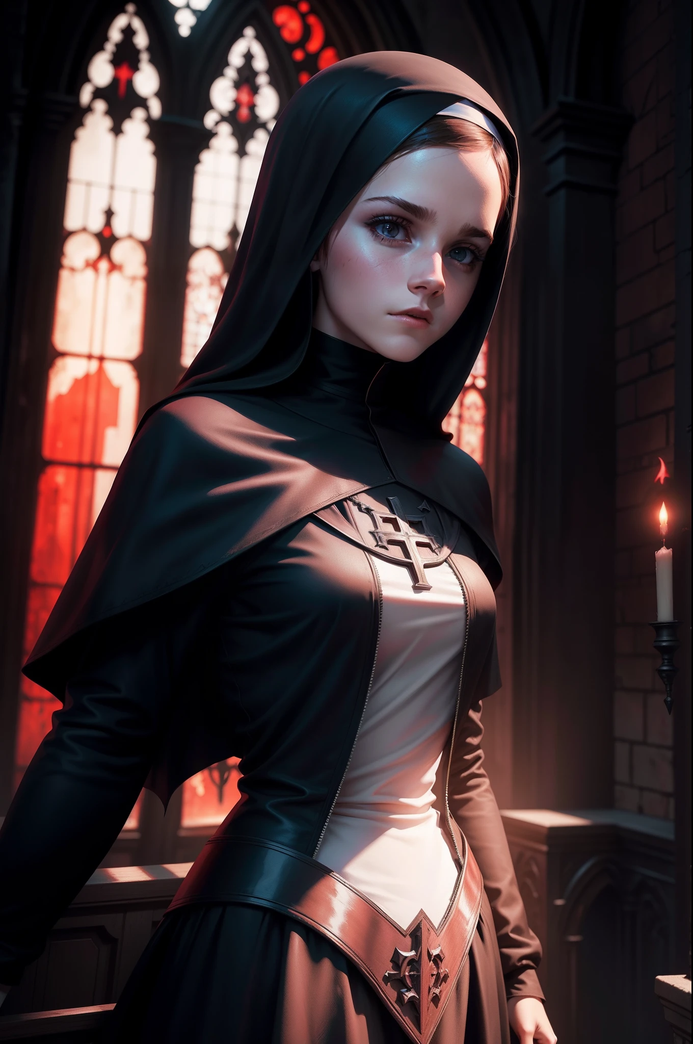 teen Emma Watson as an evil nun, dark eye shadow, blood red eyes, mouth wide open, teeth bared, horror, red tones, gothic church in the background, ultra realistic, horror movie lighting, scary, chaos, neon lights in the background, Masterpiece, ultra-high resolution, high quality