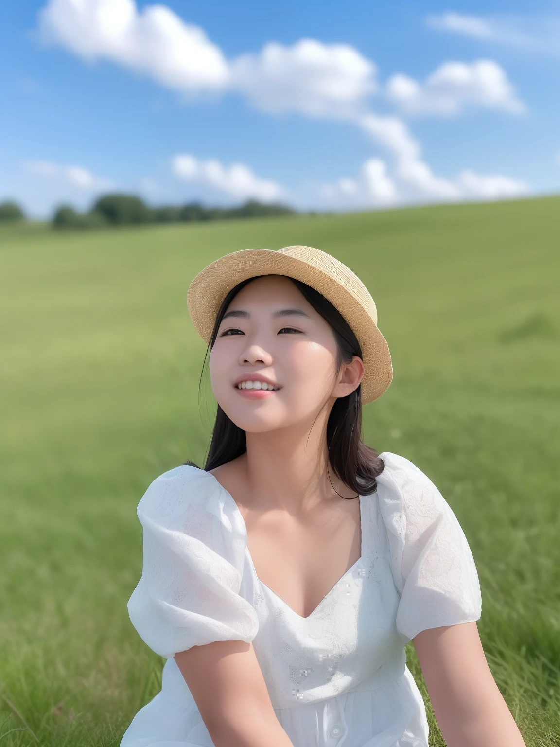 arafed woman sitting in a field with a hat on, mai anh tran, in a field, a young asian woman, headshot profile picture, inspired by Kim Jeong-hui, xintong chen, sitting in a field, in a large grassy green field, wearing a cute hat, portait photo profile picture, nivanh chanthara, louise zhang