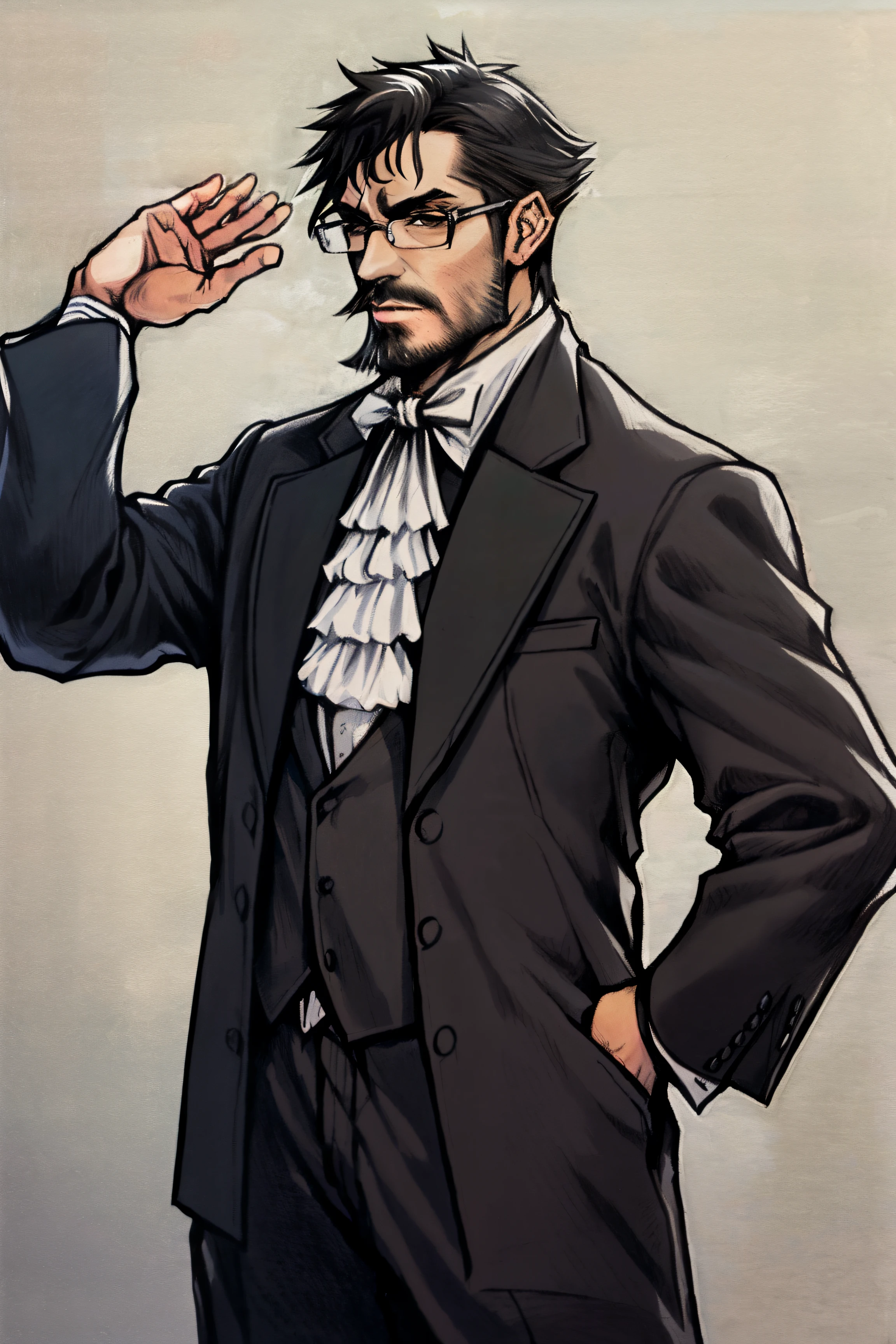 man with short black hair, dark brown eyes, goatee, and glasses, wearing a pirate captain's formal suit, (((high quality))), ((masterpiece)), (best quality), (extremely detailed).